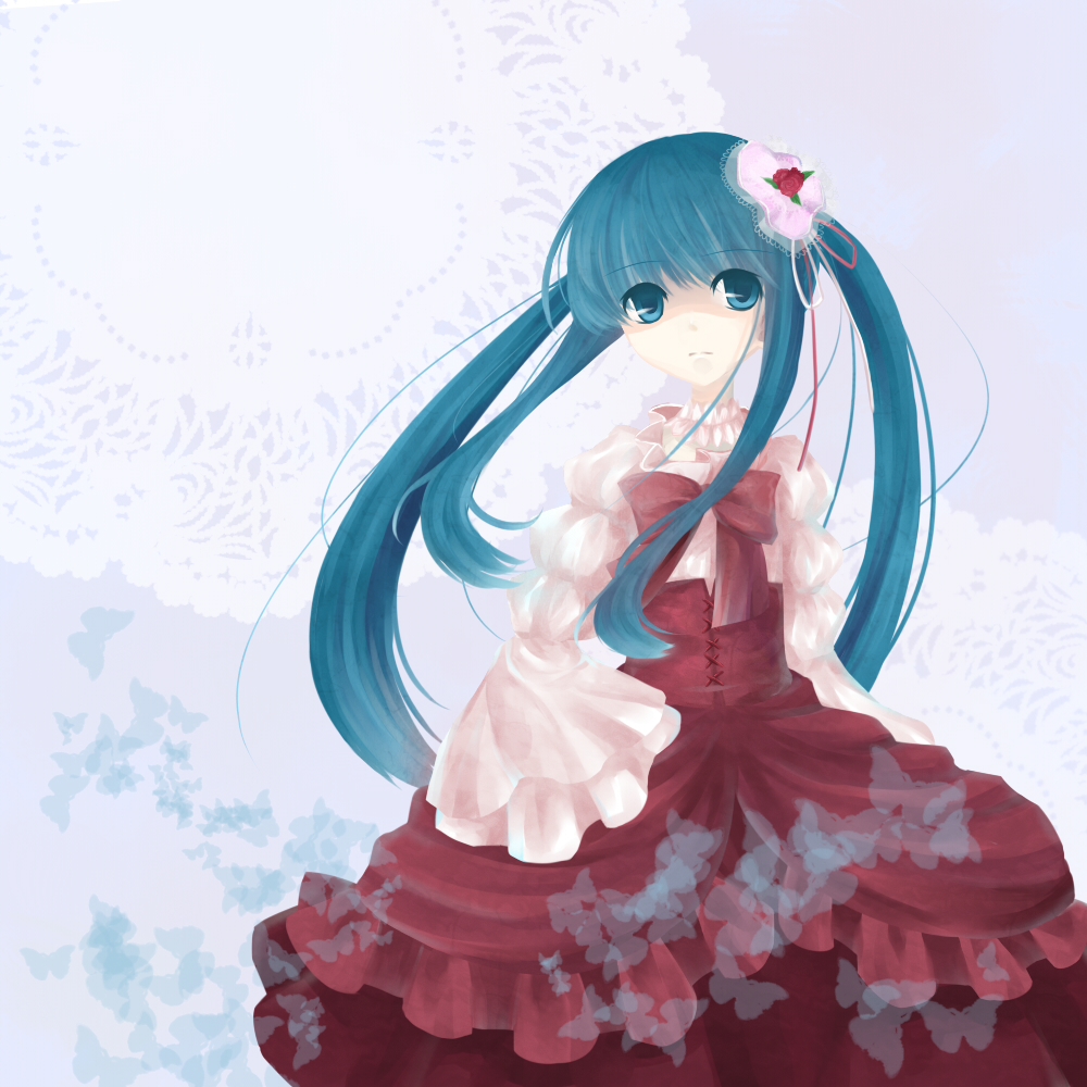 shrie, furudo erika, umineko no naku koro ni, bad id, bad pixiv id, 00s, 1girl, blue eyes, blue hair, bow, choker, dress, female focus, flower, hair ornament, long hair, matching hair/eyes, pink bow, solo, twintails