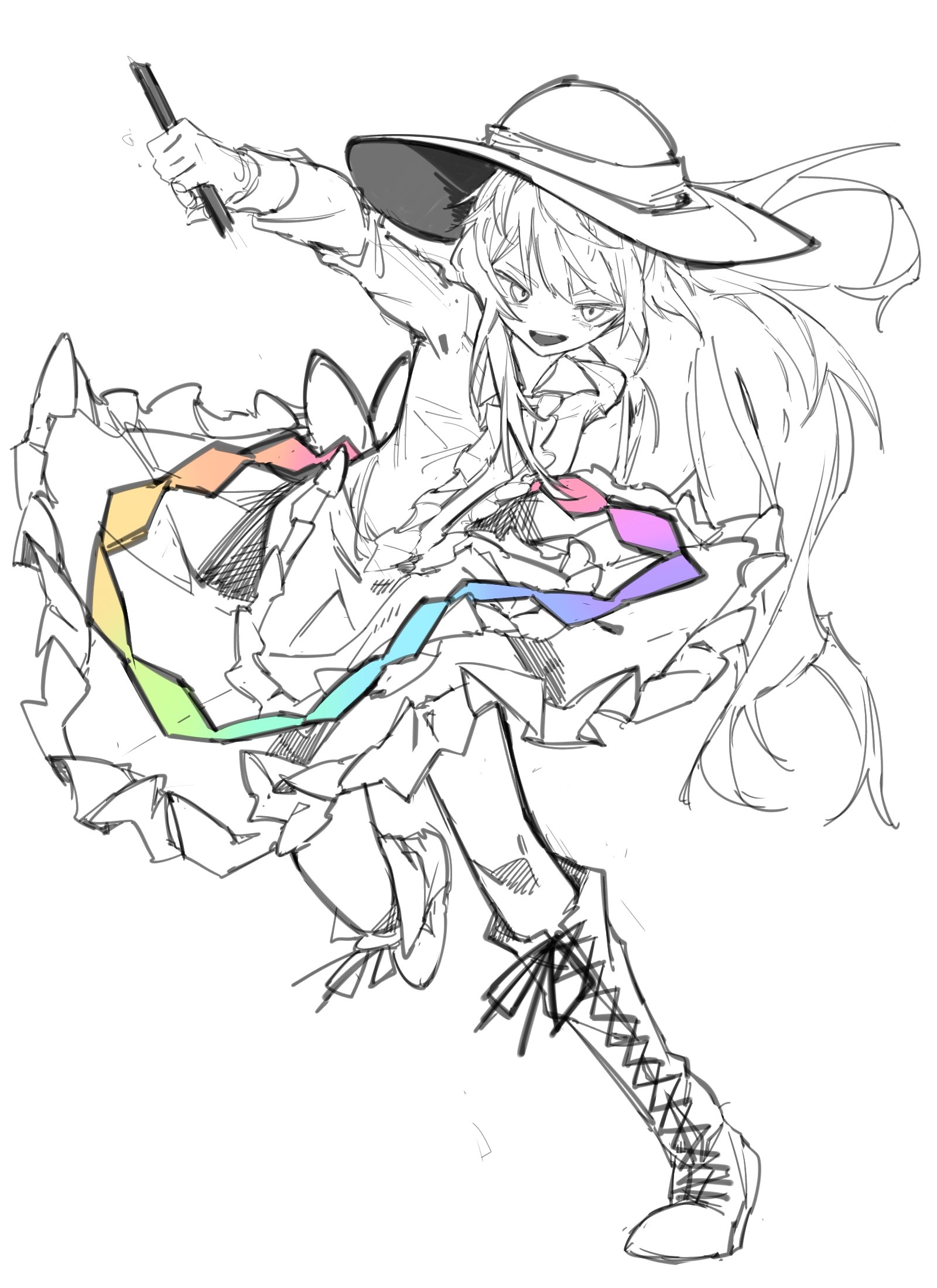 hinanawi tenshi, touhou, highres, 1girl, boots, grey outline, knee boots, long hair, looking at viewer, outline, shirt, skirt, solo, spot color, stalk sav, very long hair, white background, wide brim