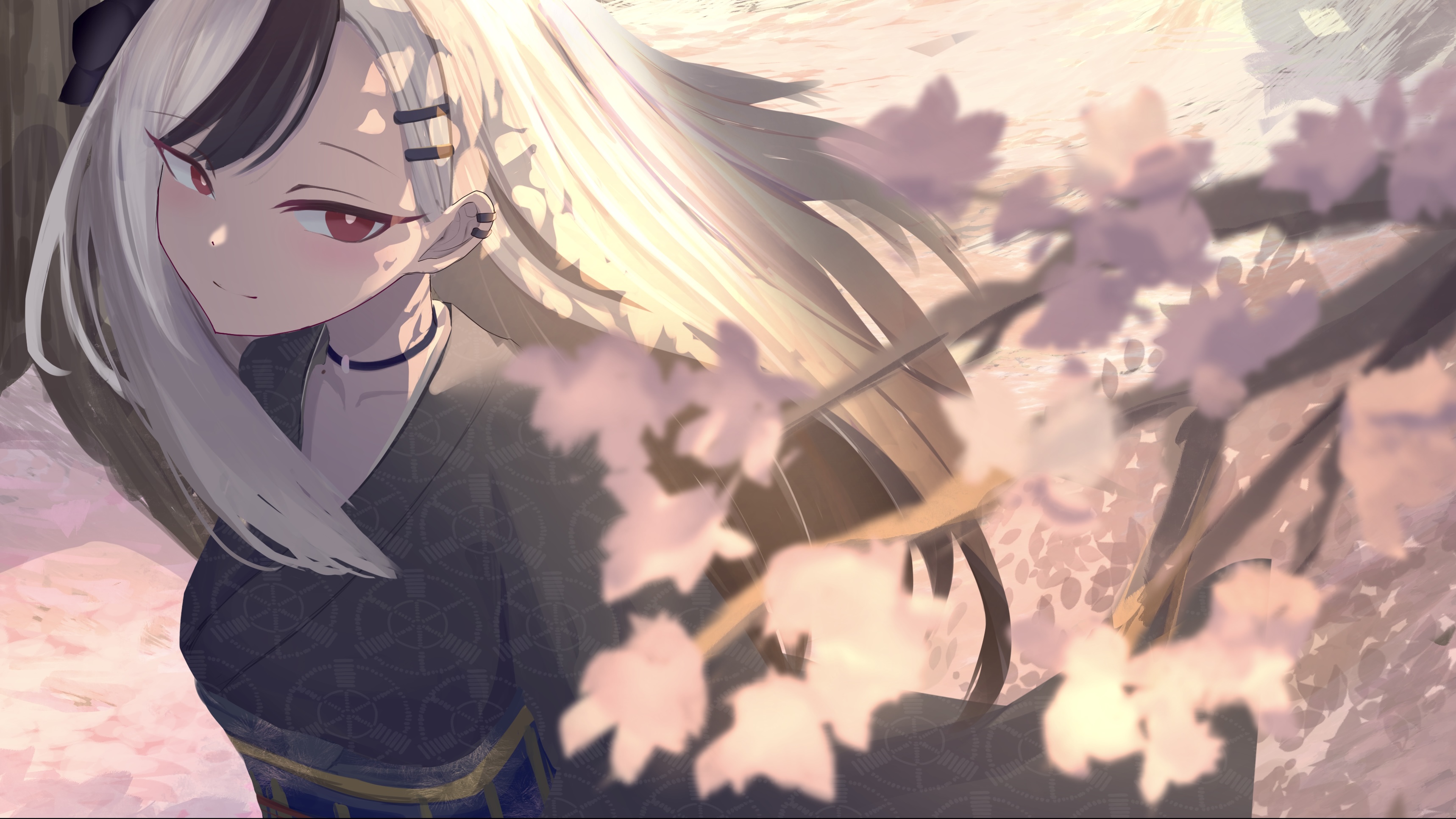 aka afl o, kayoko (blue archive), kayoko (new year) (blue archive), blue archive, absurdres, commentary, highres, 1girl, black choker, black hair, black kimono, blurry, blurry foreground, branch, choker, closed mouth, collarbone, earclip, floating hair, flower, hair flower, hair ornament, hairclip, japanese clothes, kimono, light blush, light smile, long hair, looking at viewer, mole, mole on collarbone, multicolored hair, official alternate costume, official alternate hairstyle, pink pupils, red eyes, solo, two-tone hair, wheel print, white hair