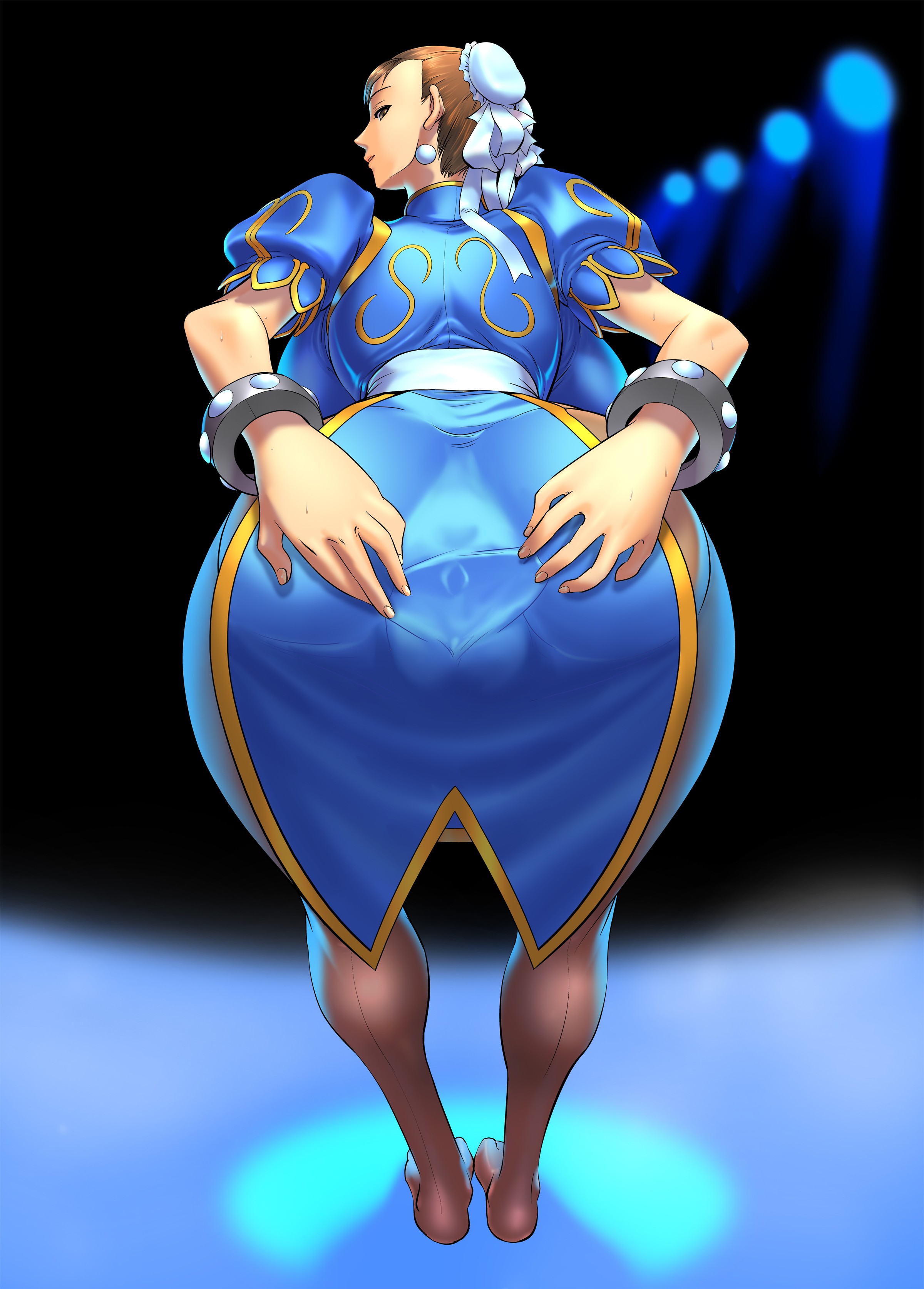 cosine, chun-li, capcom, street fighter, absurdres, highres, 1girl, ass, bent over, bracelet, breasts, brown eyes, brown hair, bun cover, china dress, chinese clothes, double bun, dress, earrings, female focus, hair bun, hip focus, huge ass, huge breasts, jewelry, large breasts, muscular, pantyhose, pelvic curtain, pussy, solo, spread pussy, spread pussy under clothes, thick thighs, thighs, wide hips