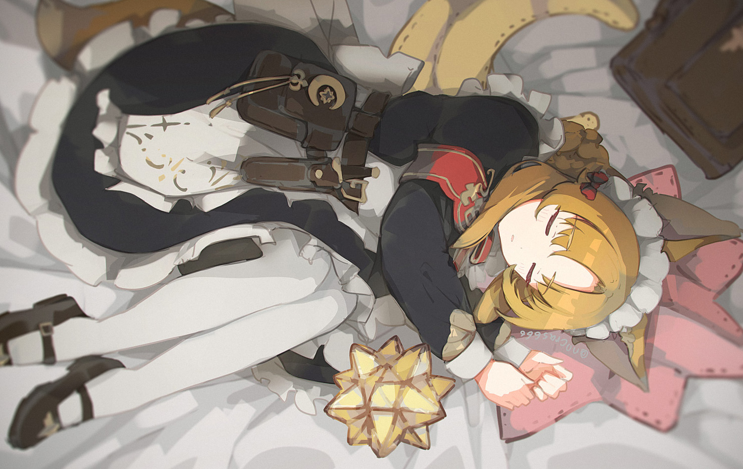 nocras, comiket 107, original, commentary request, 1girl, animal ear fluff, animal ears, armband, bed sheet, black dress, black shoes, blonde hair, blush, closed eyes, dress, frilled dress, frills, knife, long sleeves, lying, on side, pantyhose, parted bangs, parted lips, sheath, sheathed, shoes, solo, tail, white pantyhose