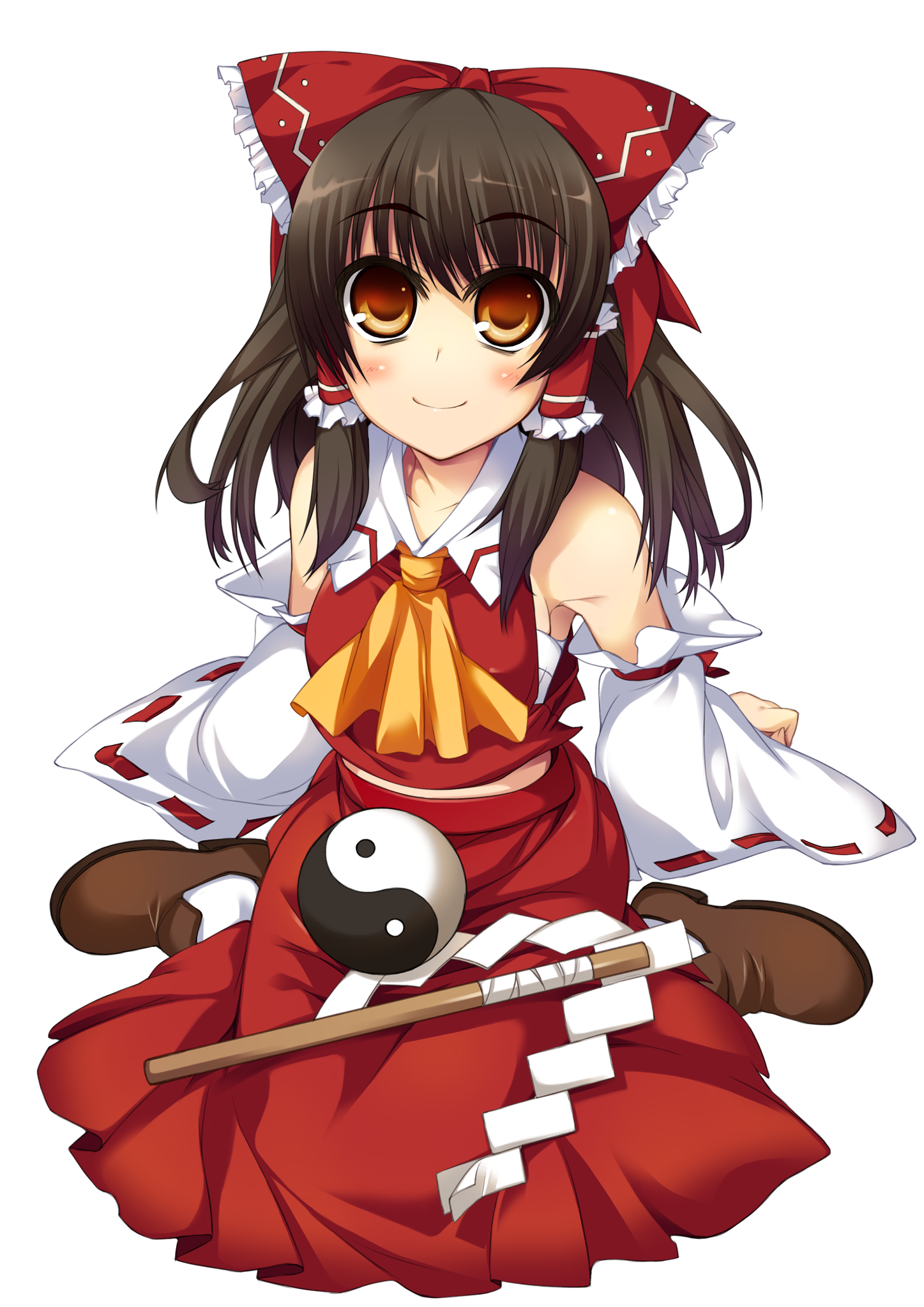 amanooni touri, hakurei reimu, touhou, bad id, bad pixiv id, highres, 1girl, arm support, bare shoulders, bow, breasts, brown hair, detached sleeves, female focus, full body, gohei, hair bow, japanese clothes, medium breasts, midriff, miko, orange eyes, sarashi, short hair, sideboob, sitting, smile, solo, transparent background, wariza, yin yang