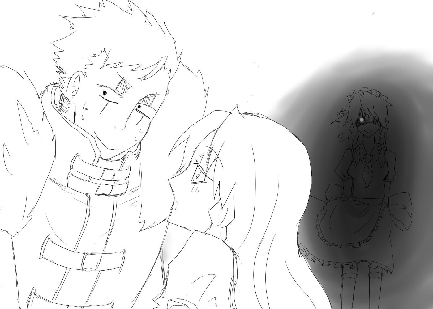 hong meiling, izayoi sakuya, krizalid, m.u.g.e.n, snk, the king of fighters, touhou, looking away, bad id, bad pixiv id, 1boy, 1girl, braid, coat, crossover, greyscale, long hair, monochrome, nervous, ribbon, short hair, sketch, sweat, twin braids, you gonna get raped