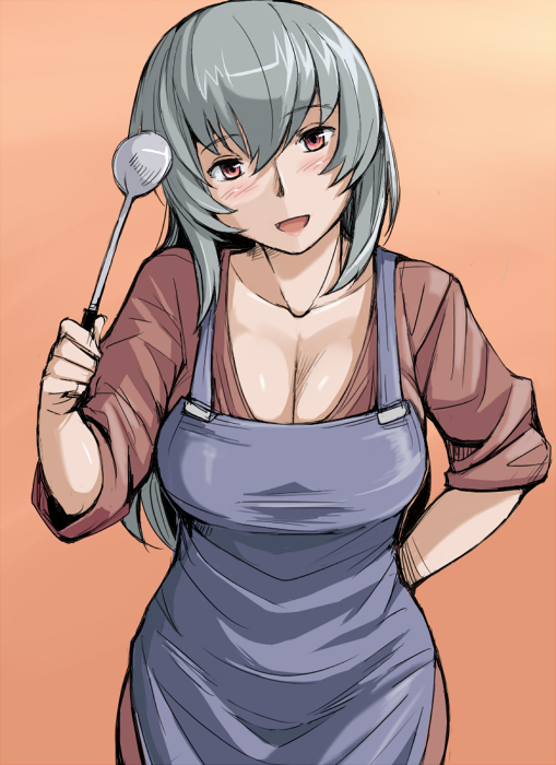 tsuda nanafushi, suigintou, rozen maiden, silver hair, 00s, 1girl, aged up, alternate costume, breasts, cleavage, contemporary, female focus, ladle, large breasts, red eyes, sleeves rolled up, solo