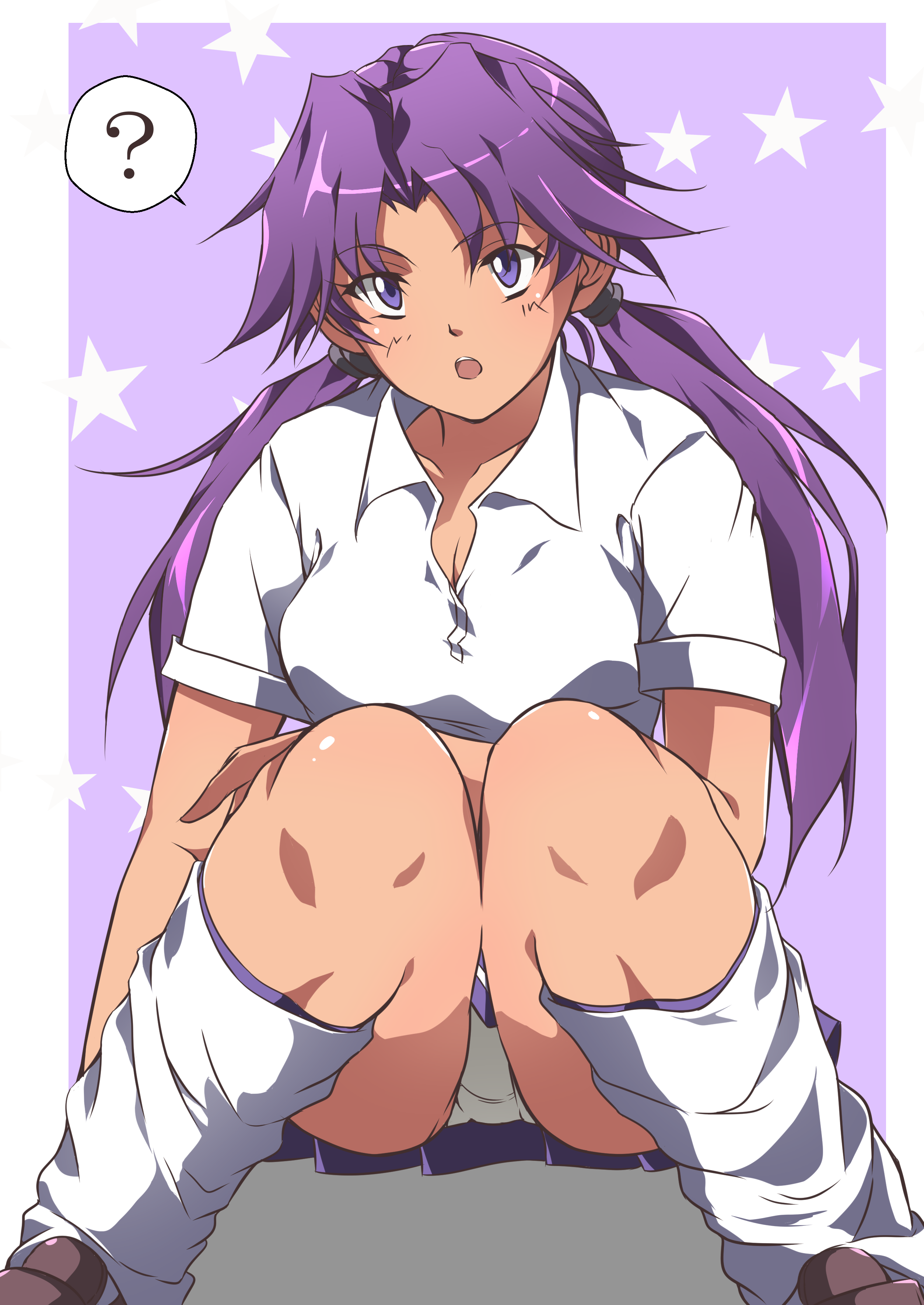 noi (user xjwy7754), lass (pokemon), lass (pokemon gsc), nintendo, pokemon, pokemon gsc, absurdres, highres, 1girl, ?, breasts, cleavage, collared shirt, long hair, looking at viewer, loose socks, open mouth, panties, pantyshot, pleated skirt, purple eyes, purple hair, shirt, shoes, short sleeves, sitting, skirt, socks, solo, spoken question mark, star (symbol), twintails, underwear, upskirt, white panties, white shirt, white socks