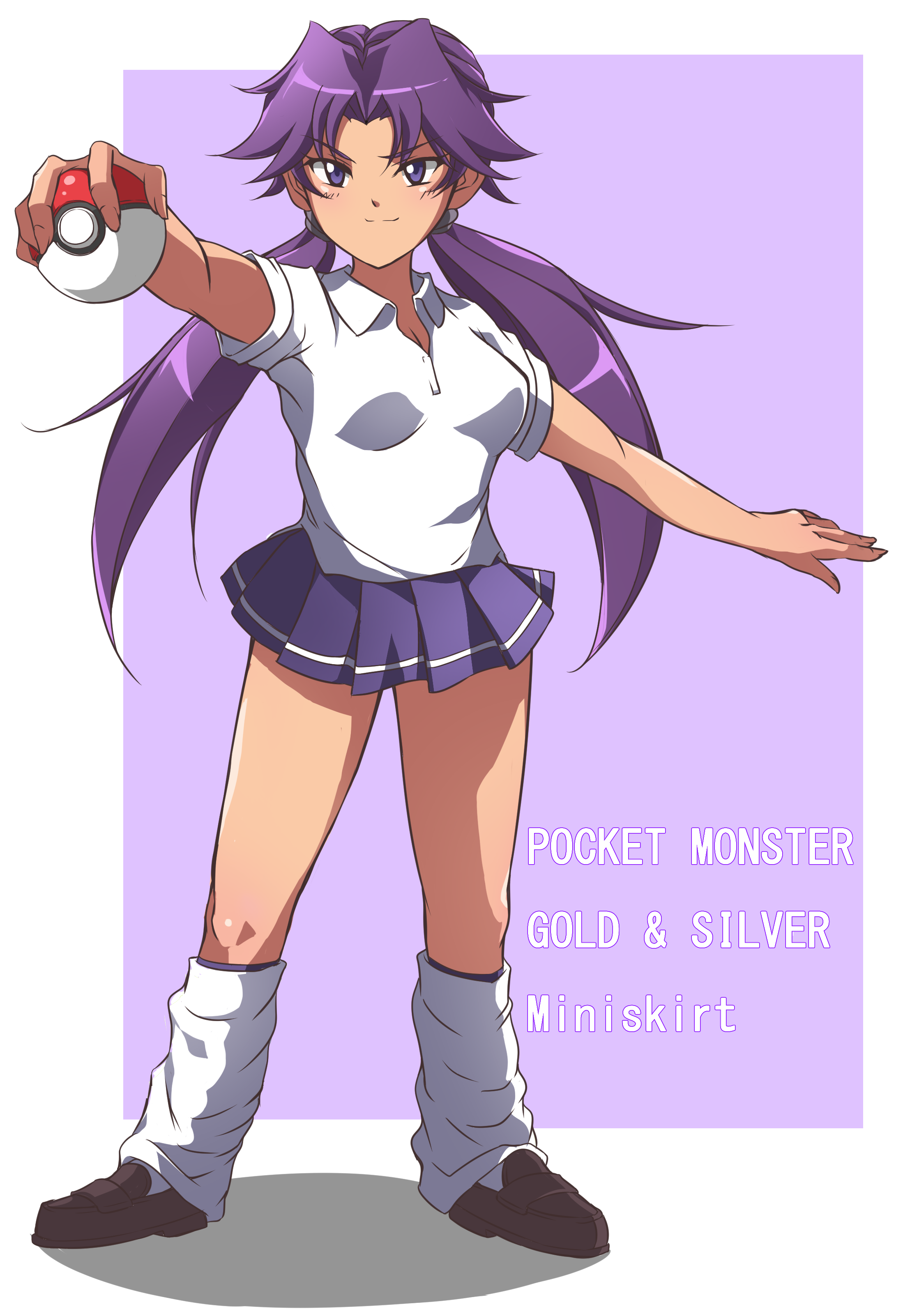 noi (user xjwy7754), lass (pokemon), lass (pokemon gsc), nintendo, pokemon, pokemon gsc, absurdres, highres, 1girl, breasts, closed mouth, collared shirt, full body, holding, holding poke ball, long hair, loose socks, pleated skirt, poke ball, poke ball (basic), purple eyes, purple hair, shirt, shoes, short sleeves, skirt, socks, solo, standing, twintails, white shirt, white socks