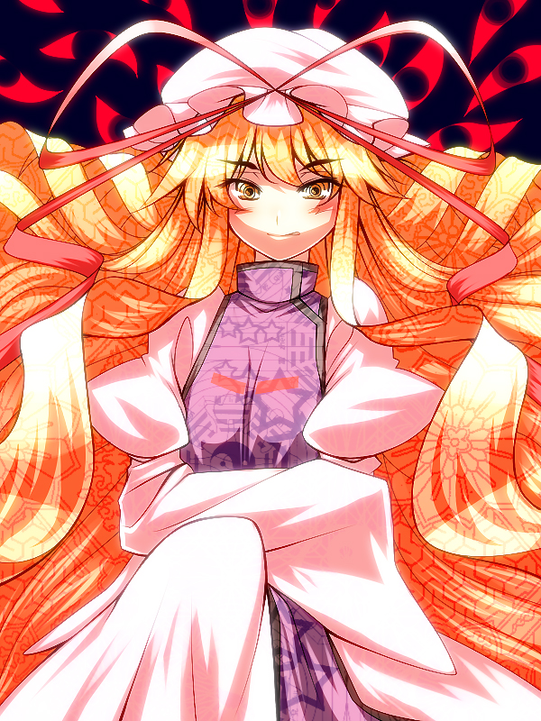 tro (trombe), yakumo yukari, touhou, 1girl, :p, brown hair, female focus, flat chest, hat, long hair, mob cap, solo, symbol-shaped pupils, tongue, tongue out, very long hair, yellow eyes, yin yang