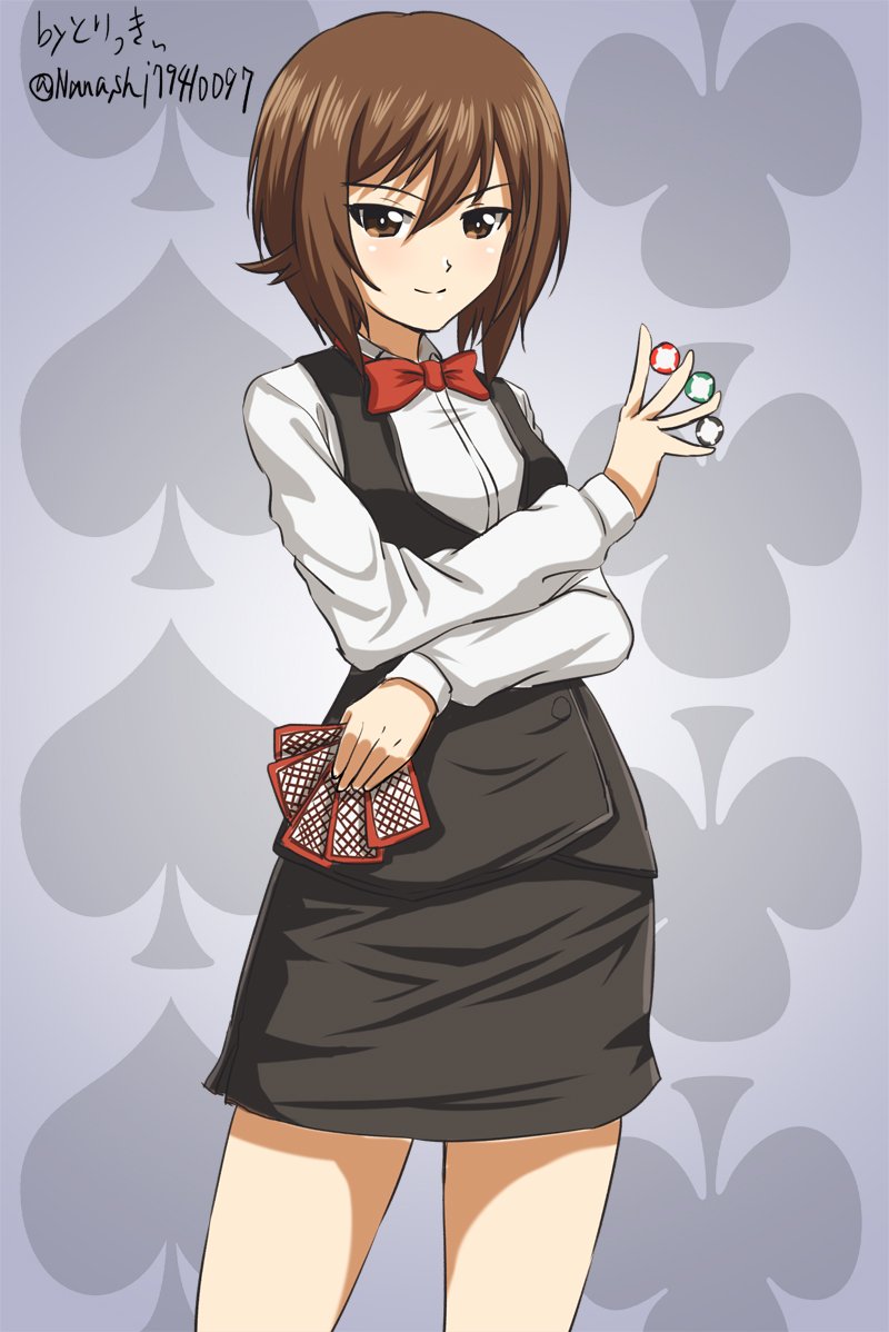zanntetu, nishizumi maho, girls und panzer, commentary request, 1girl, artist name, between fingers, brown eyes, brown hair, card, casino, holding, holding card, holding poker chip, long skirt, long sleeves, looking at viewer, poker chip, red ribbon, ribbon, shirt, short hair, skirt, smile, solo, twitter username, white shirt