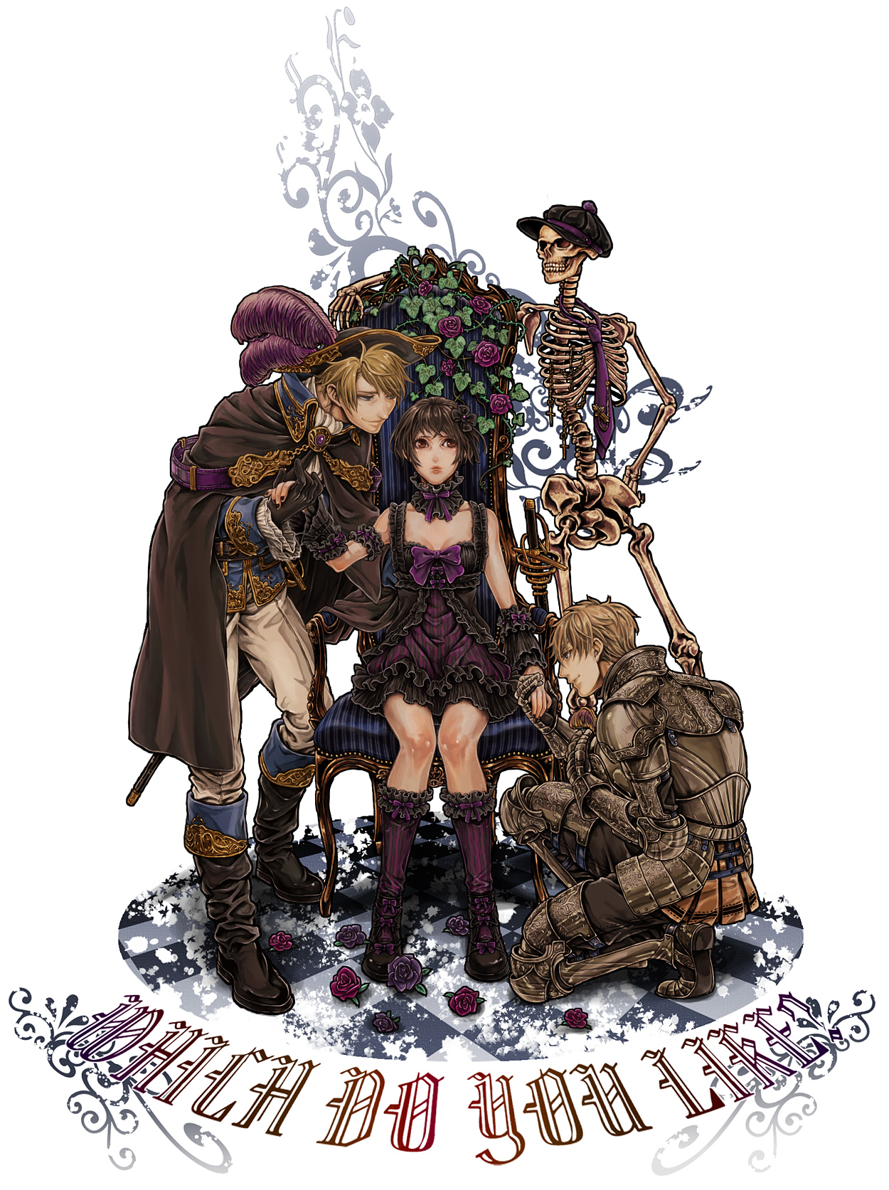 azuma yuuhi, america (hetalia), japan (hetalia), united kingdom (hetalia), axis powers hetalia, bad id, bad pixiv id, gender request, highres, 00s, 1girl, 2boys, armor, black nails, blonde hair, boots, brown eyes, brown hair, cloak, dress, flower, gauntlets, genderswap, gloves, hat, helmet, holding, holding unworn helmet, knight, multiple boys, nail polish, necktie, pirate, ribbon, short hair, simple background, skeleton, smile, sword, throne, unworn headwear, unworn helmet, weapon