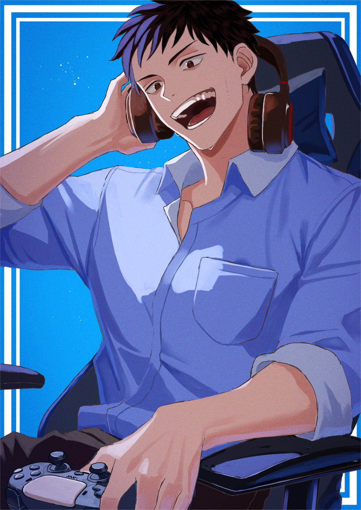 magurosamm, yashiro kizuku, yashiro kizuku (1st costume), nijisanji, commentary request, highres, 1boy, black hair, black pants, blue background, blue shirt, collared shirt, controller, game controller, gums, headphones, holding, holding controller, holding game controller, inset border, looking ahead, looking at viewer, male focus, open mouth, pants, shirt, short hair, short sleeves, sitting, solo, upper body, virtual youtuber