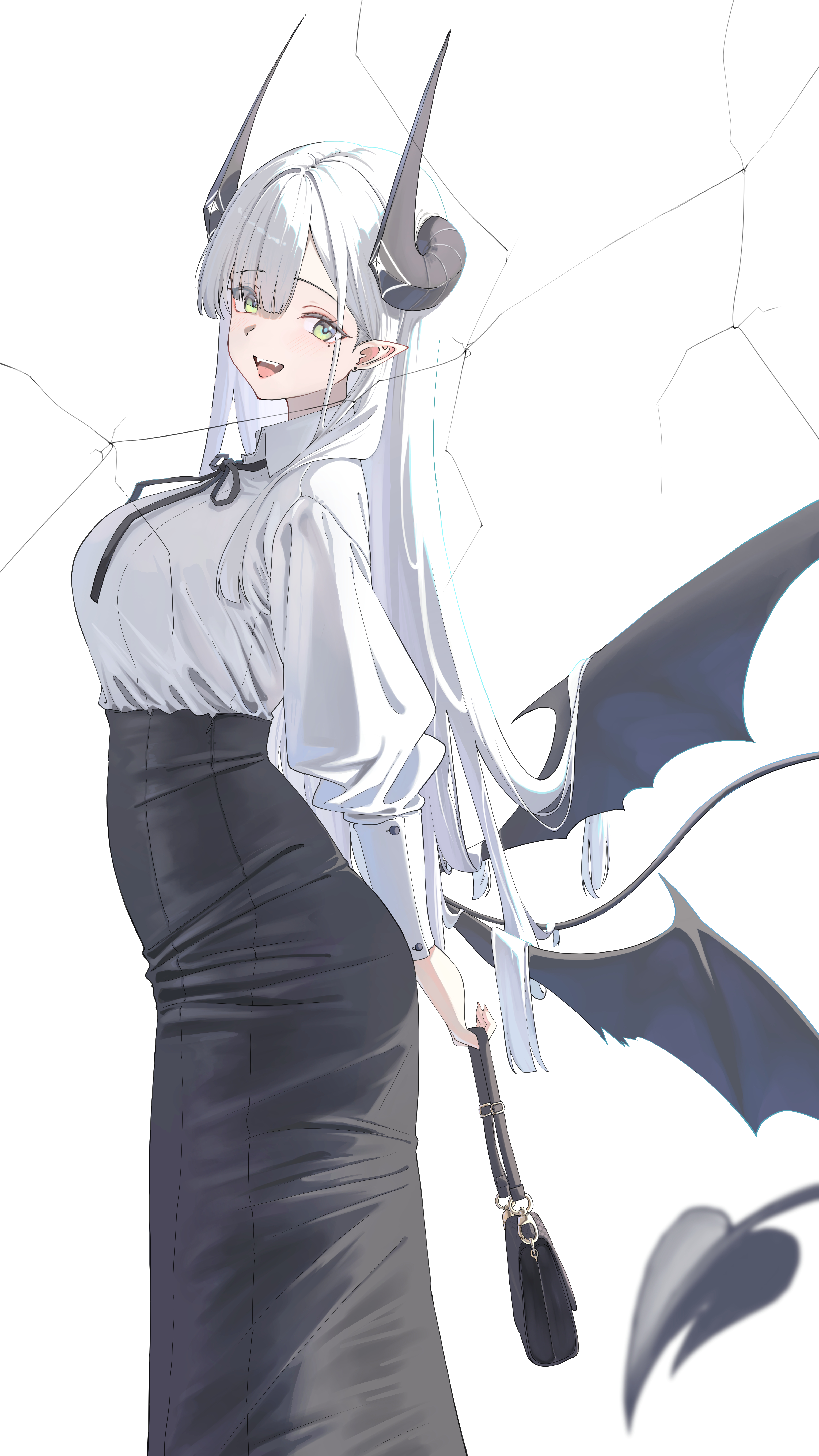 cake walker, thea (nekojira), original, absurdres, commentary, highres, 1girl, :d, arms behind back, bag, black bag, black horns, black wings, broken glass, demon girl, demon horns, demon tail, ear piercing, eyes visible through hair, feet out of frame, fingernails, glass, green eyes, hair over one eye, holding, holding bag, horns, long fingernails, long skirt, long sleeves, mole, mole under eye, open mouth, piercing, pointy ears, shirt, simple background, skirt, smile, solo, standing, tail, teeth, upper teeth only, white background, white hair, white shirt, wings