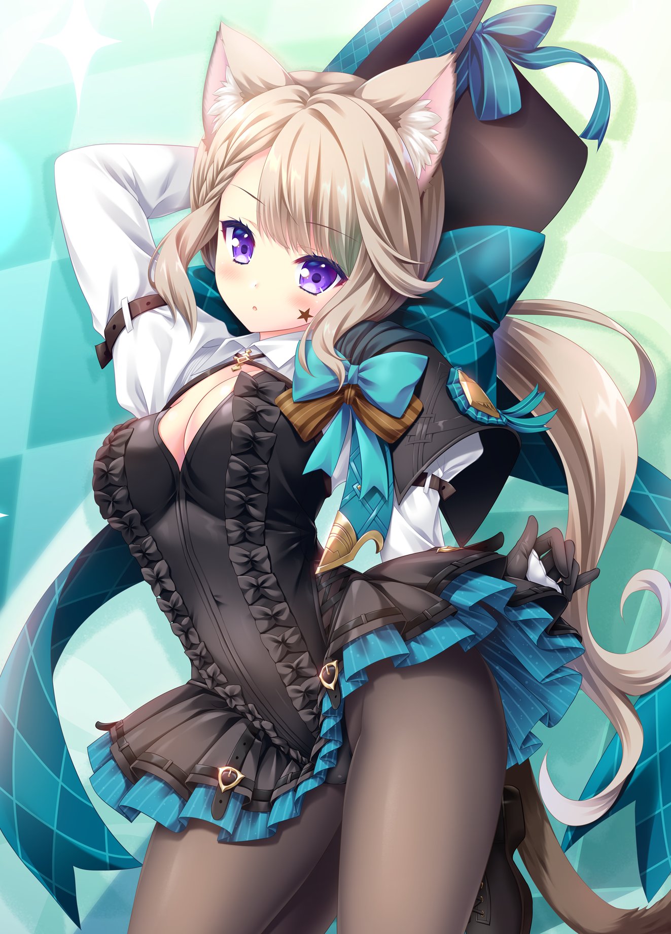 moekibara fumitake, lynette (genshin impact), genshin impact, commentary request, highres, textless version, 1girl, animal ear fluff, animal ears, arm behind head, black gloves, black hat, black leotard, black pantyhose, blue bow, blush, bow, breasts, brown hair, cat ears, cleavage, covered navel, frilled leotard, frills, gloves, hat, leotard, long hair, long sleeves, looking at viewer, medium breasts, pantyhose, parted lips, purple eyes, solo, unworn headwear, very long hair, white sleeves