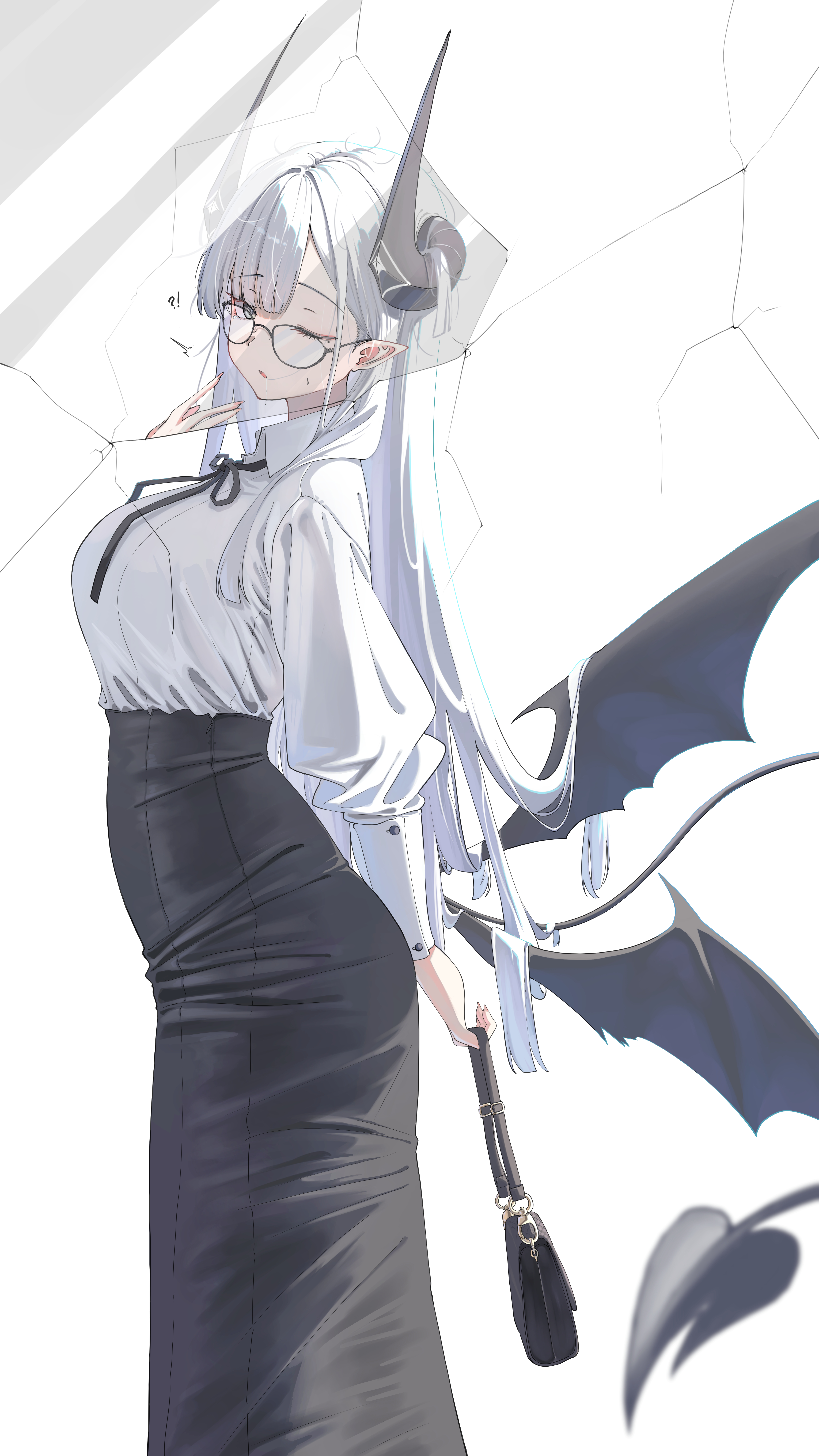 cake walker, thea (nekojira), original, absurdres, commentary, highres, !?, 1girl, arms behind back, bag, black bag, black horns, black wings, broken glass, demon girl, demon horns, demon tail, ear piercing, feet out of frame, fingernails, glass, glasses, green eyes, hand up, holding, holding bag, horns, long fingernails, long skirt, long sleeves, looking at viewer, mole, mole under eye, one eye closed, parted lips, piercing, pointy ears, shirt, simple background, skirt, smile, solo, standing, tail, white background, white hair, white shirt, wings