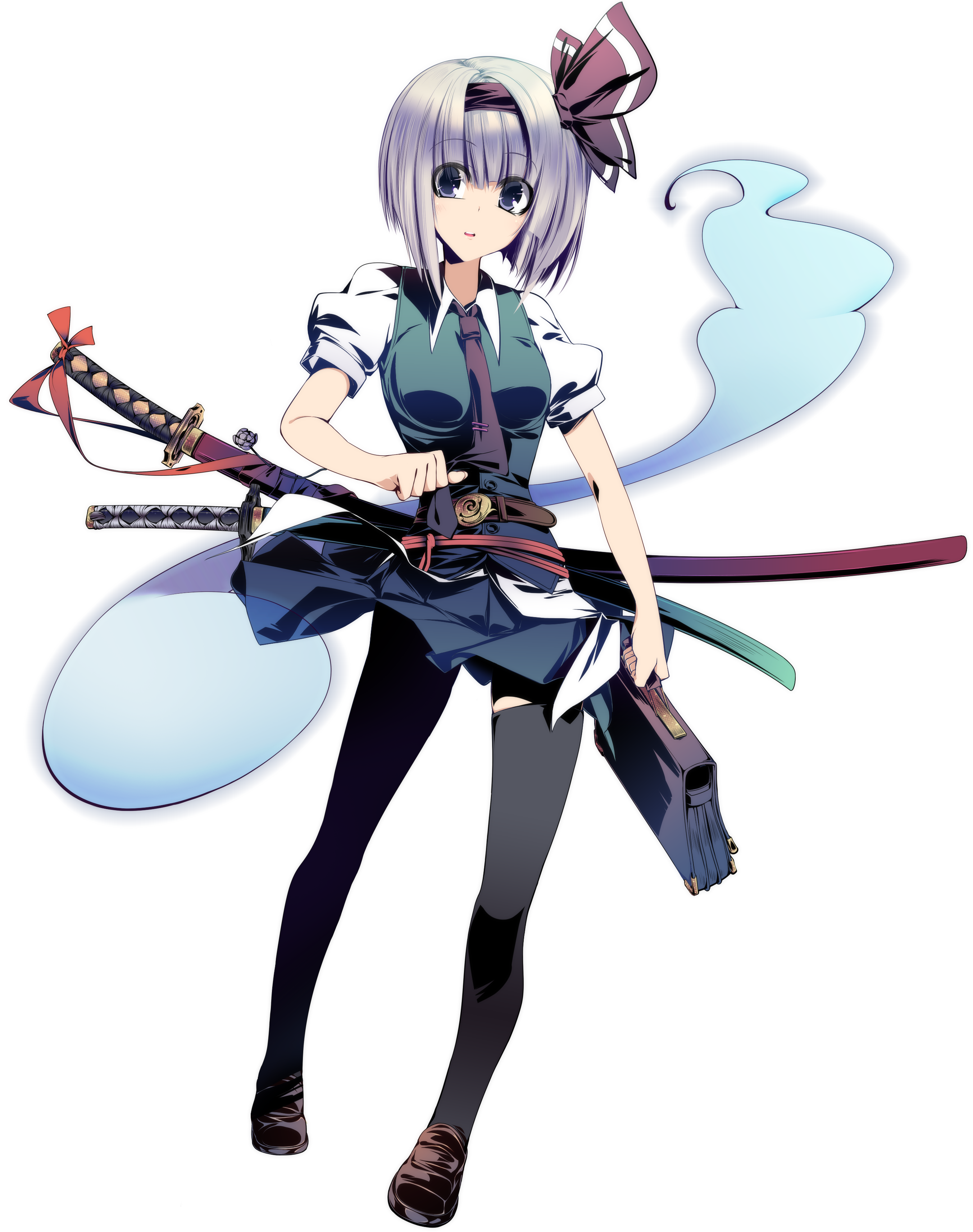 dragonmaterial, konpaku youmu, konpaku youmu (ghost), touhou, silver hair, absurdres, highres, 1girl, bag, blue eyes, blue hair, female focus, flower, full body, ghost, hairband, katana, legs, matching hair/eyes, necktie, sheath, sheathed, short hair, solo, sword, thighhighs, transparent background, weapon