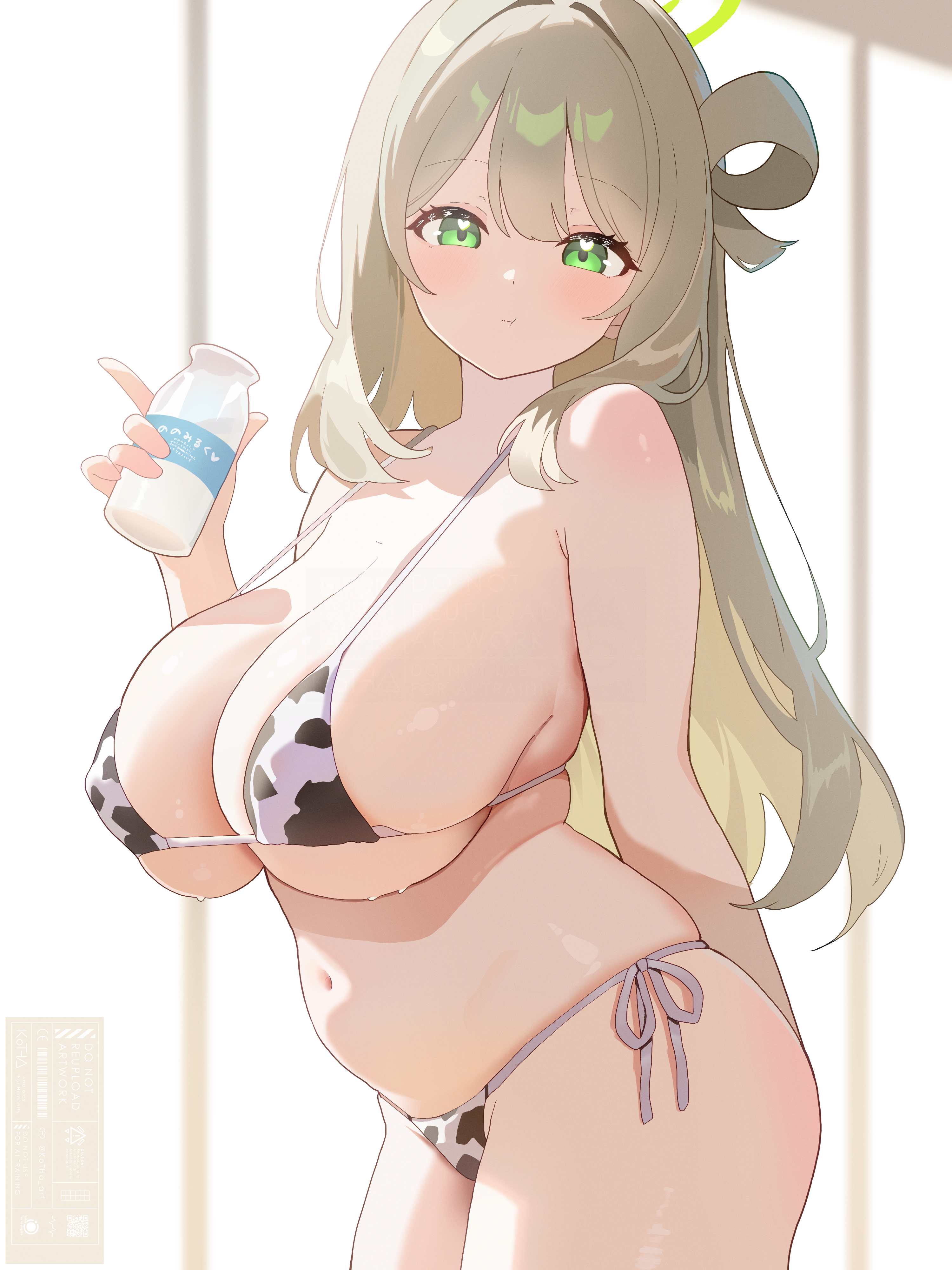 kotha art, nonomi (blue archive), blue archive, absurdres, commentary request, highres, 1girl, animal print, arm behind back, bikini, blonde hair, blush, bottle, breasts, cleavage, closed mouth, covered erect nipples, cow print, cow print bikini, curvy, green eyes, green halo, halo, holding, holding bottle, huge breasts, long hair, milk bottle, navel, one side up, plump, pout, print bikini, solo, swimsuit, very long hair
