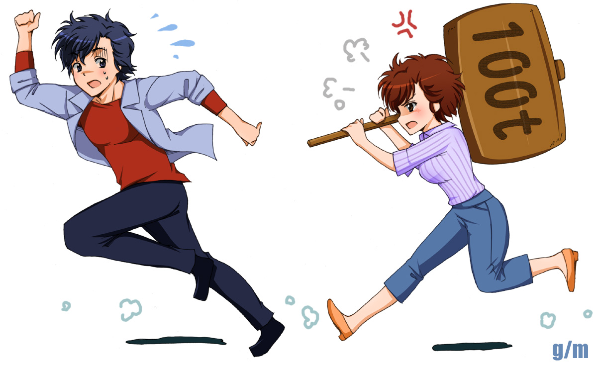 g-matsuda, makimura kaori, saeba ryou, city hunter, fume, bad id, bad pixiv id, 1boy, 1girl, angry, blush, chasing, denim, fleeing, hammer, high heels, jacket, looking back, open mouth, pumps, running, simple background, sleeves rolled up, sweat, sweatdrop, turn pale