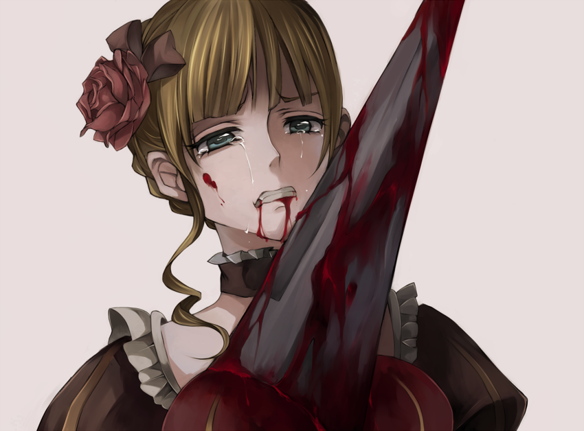 tsukioka tsukiho, beatrice (umineko), umineko no naku koro ni, bad id, bad pixiv id, 00s, blonde hair, blood, flower, green eyes, guro, hair flower, hair ornament, impaled, solo, tears