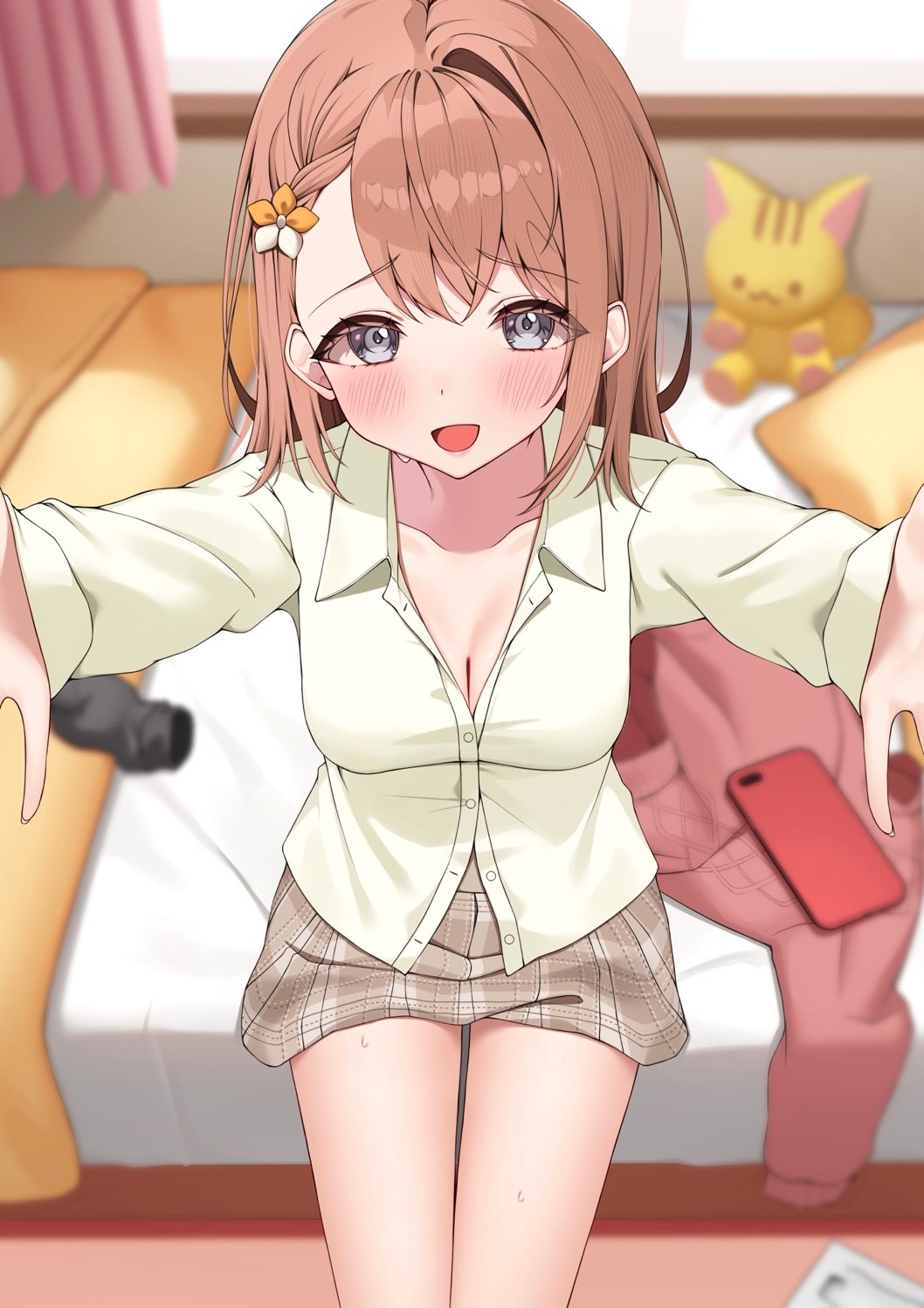 charl2837, hanasato minori, project sekai, highres, 1girl, :d, bed, black socks, blush, breasts, brown hair, brown skirt, cardigan, cellphone, cleavage, collarbone, collared shirt, curtains, day, dress shirt, feet out of frame, grey eyes, indoors, long sleeves, looking at viewer, medium breasts, on bed, open mouth, phone, pillow, pink cardigan, plaid clothes, plaid skirt, reaching, reaching towards viewer, school uniform, shirt, single hair intake, skirt, smile, socks, solo, stuffed animal, stuffed cat, stuffed toy, sunlight, unworn cardigan, unworn socks, white shirt, window