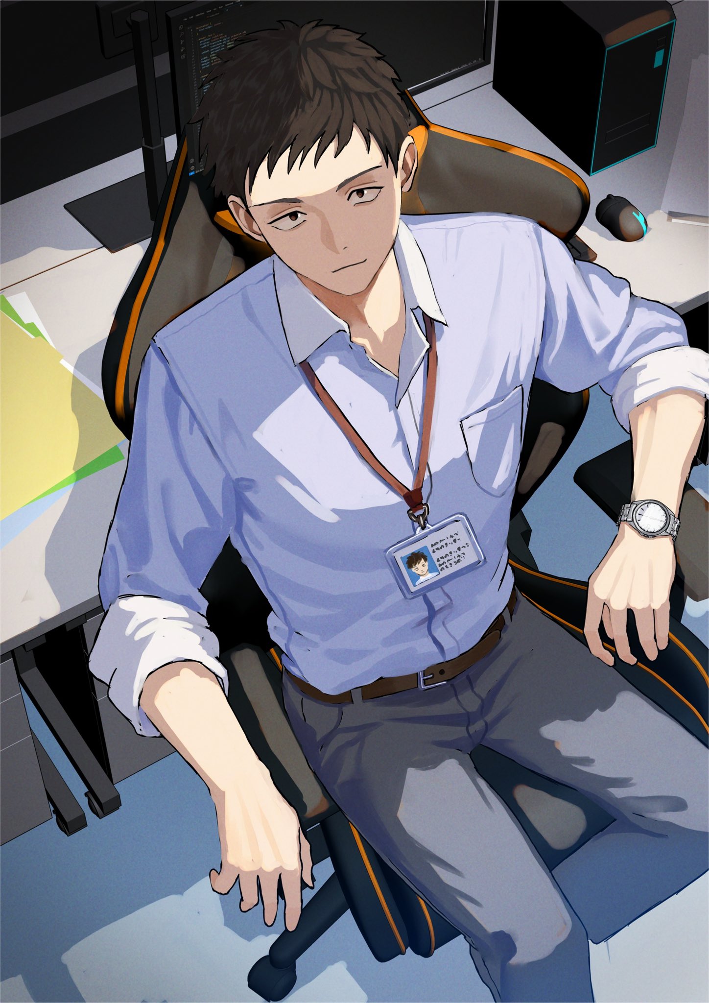 magurosamm, yashiro kizuku, yashiro kizuku (1st costume), nijisanji, commentary request, highres, 1boy, belt, brown belt, brown eyes, brown hair, chair, closed mouth, collared shirt, computer mouse, looking at viewer, male focus, name tag, shirt, sitting, solo, speaker, swivel chair, virtual youtuber, watch, wristwatch