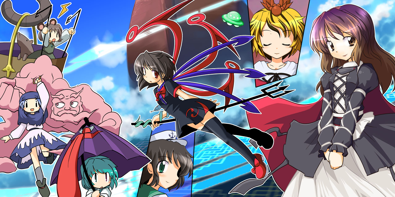 neki-t, hijiri byakuren, houjuu nue, kumoi ichirin, murasa minamitsu, nazrin, tatara kogasa, toramaru shou, unzan, touhou, undefined fantastic object, 6+girls, animal ears, basket, black hair, black thighhighs, blonde hair, blue eyes, blue hair, bracelet, cape, cloud, day, dress, everyone, gradient hair, green eyes, grey hair, hair ornament, hat, heterochromia, hood, jewelry, karakasa obake, long hair, mouse (animal), mouse ears, mouse tail, multicolored hair, multiple girls, palanquin ship, red eyes, ring, sailor, sailor collar, sailor hat, short hair, tail, thighhighs, tongue, umbrella, wings, yellow eyes, zettai ryouiki