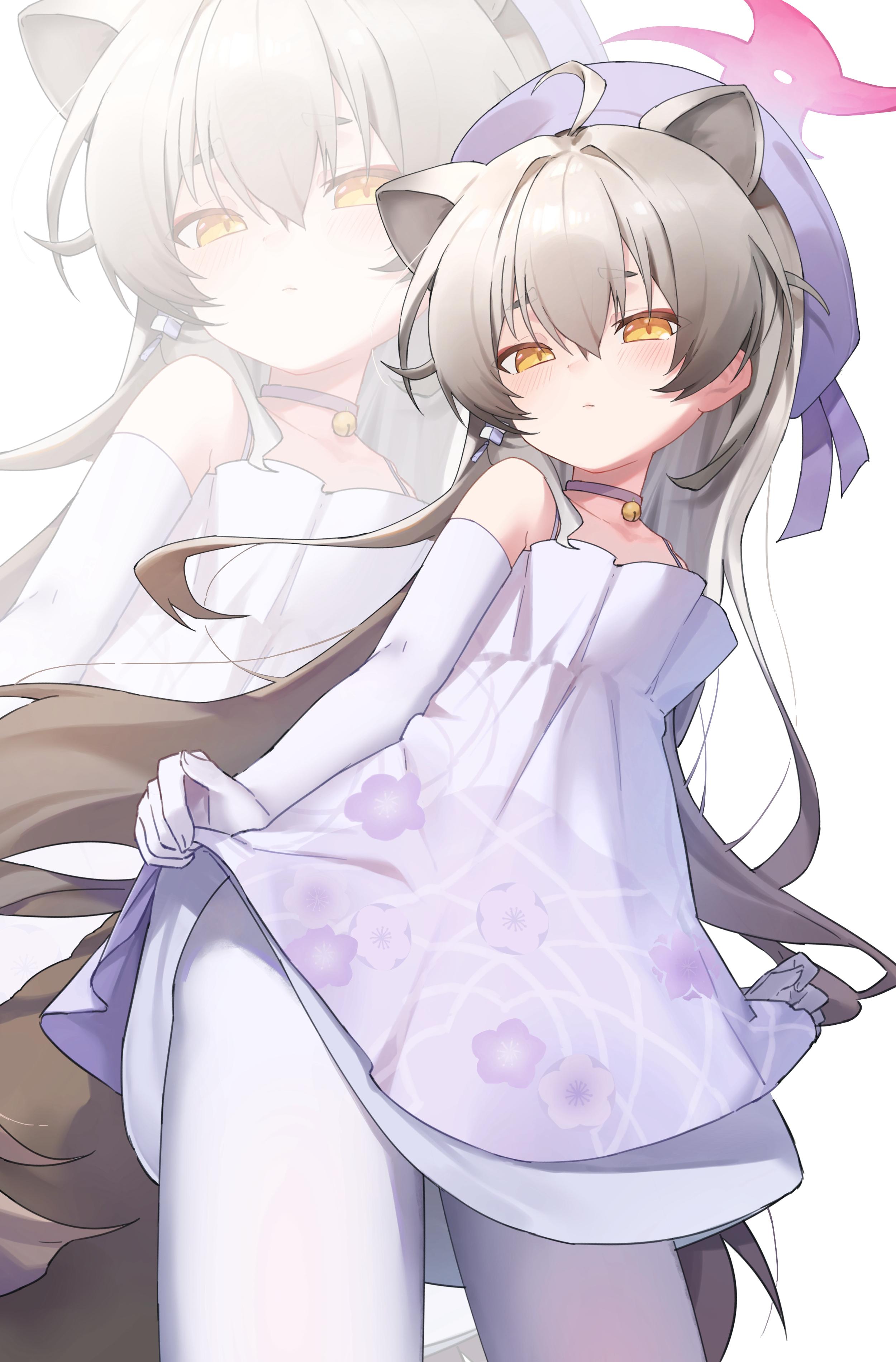 kuro11kii, michiru (blue archive), michiru (dress) (blue archive), blue archive, absurdres, commentary, highres, 1girl, animal ears, bare shoulders, blush, closed mouth, dress, elbow gloves, extra ears, floral print, floral print dress, gloves, hair between eyes, halo, hat, long hair, looking at viewer, official alternate costume, pantyhose, pink halo, print dress, purple dress, purple hat, raccoon ears, raccoon girl, raccoon tail, skirt hold, sleeveless, sleeveless dress, solo, tail, white gloves, white pantyhose, yellow eyes