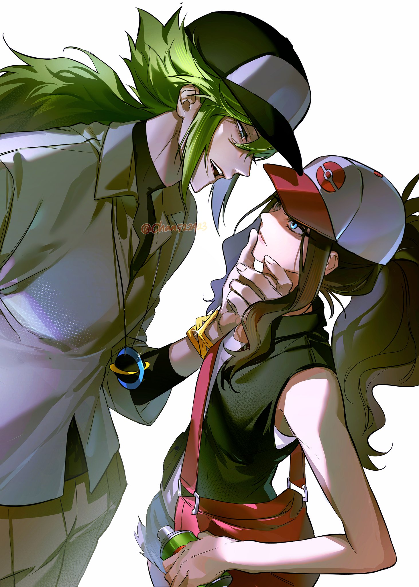 chan522423, hilda (pokemon), n (pokemon), nintendo, pokemon, pokemon bw, commentary request, highres, korean commentary, 1boy, 1girl, baseball cap, black hat, black jacket, blue eyes, bracelet, brown hair, can, closed mouth, green hair, hat, height difference, holding, holding can, jacket, jewelry, necklace, open mouth, ponytail, red bag, repel, shirt, white background, white hat, white shirt