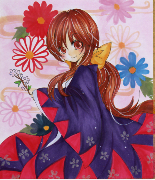 mizame, kotohime (touhou), phantasmagoria of dim.dream, touhou, touhou (pc-98), marker (medium), traditional media, 1girl, brown eyes, brown hair, female focus, flower, japanese clothes, ribbon, shikishi, smile, solo