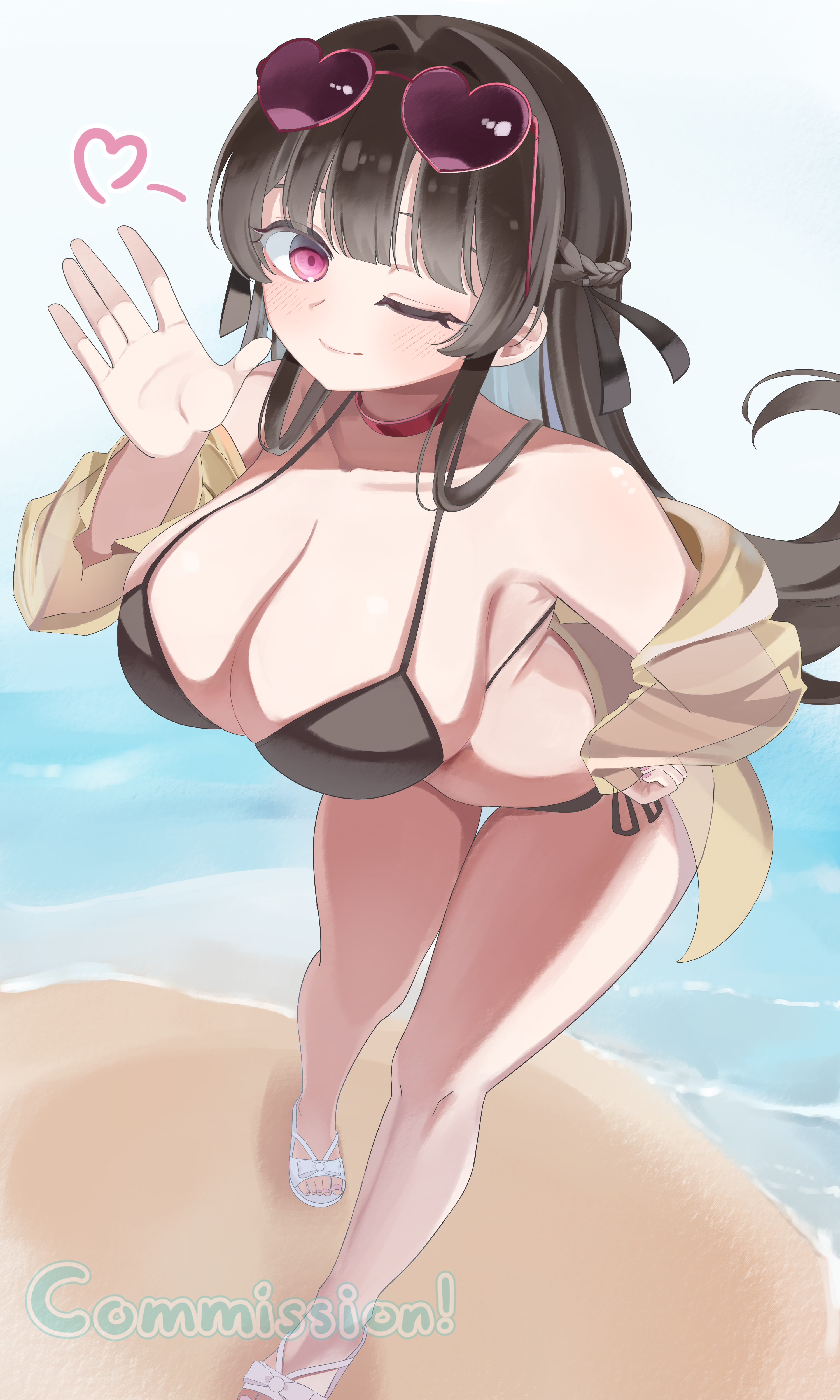 original, absurdres, commentary request, highres, 1girl, 3l3erry, beach, bikini, black bikini, braid, breasts, choker, closed mouth, collarbone, eyewear on head, heart, heart-shaped eyewear, large breasts, leaning forward, long hair, ocean, one eye closed, pink eyes, red choker, sandals, side-tie bikini bottom, solo, swimsuit, white sandals