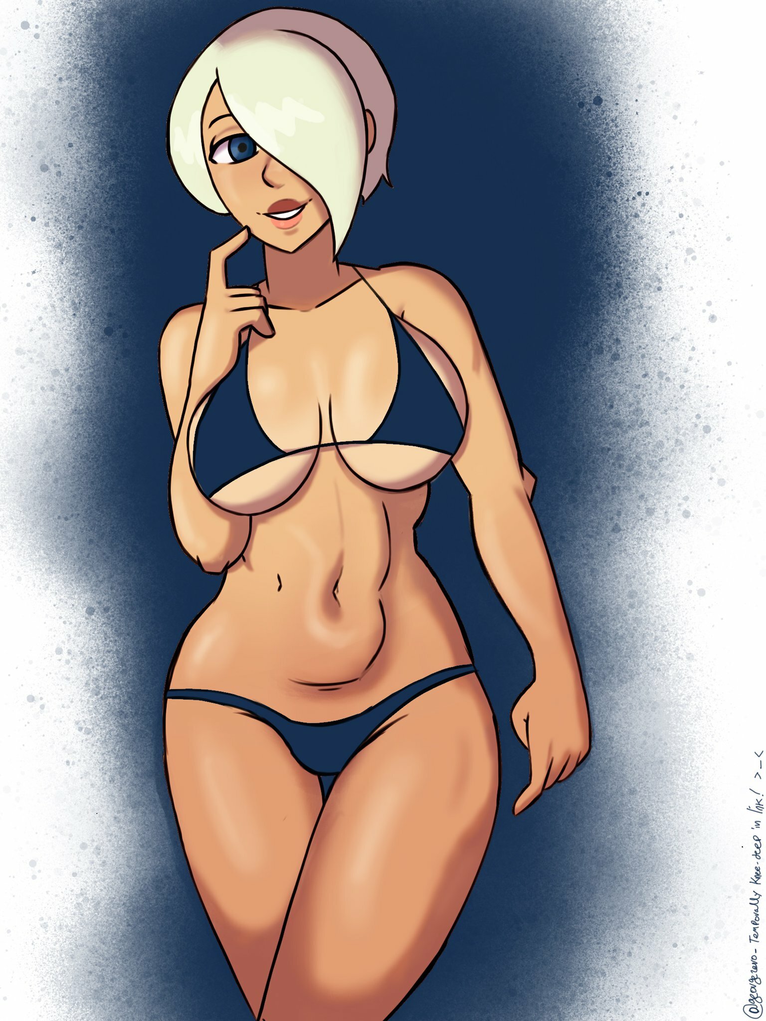 georgezero, angel (kof), the king of fighters, 1girl, bikini, blue eyes, breasts, curvy, female focus, huge breasts, large breasts, looking at viewer, pale skin, panties, short hair, smile, standing, swimsuit, tan, thick thighs, thighs, tight clothes, tilio, underboob, underwear, white hair, wide hips