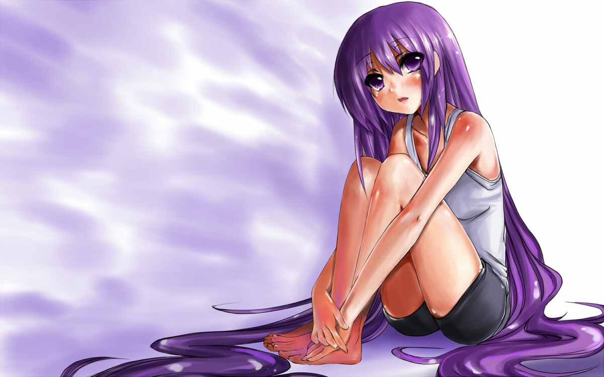 canking, hiiragi kagami, lucky star, bad id, bad pixiv id, 00s, alternate hairstyle, barefoot, casual, long hair, purple eyes, purple hair, solo, very long hair