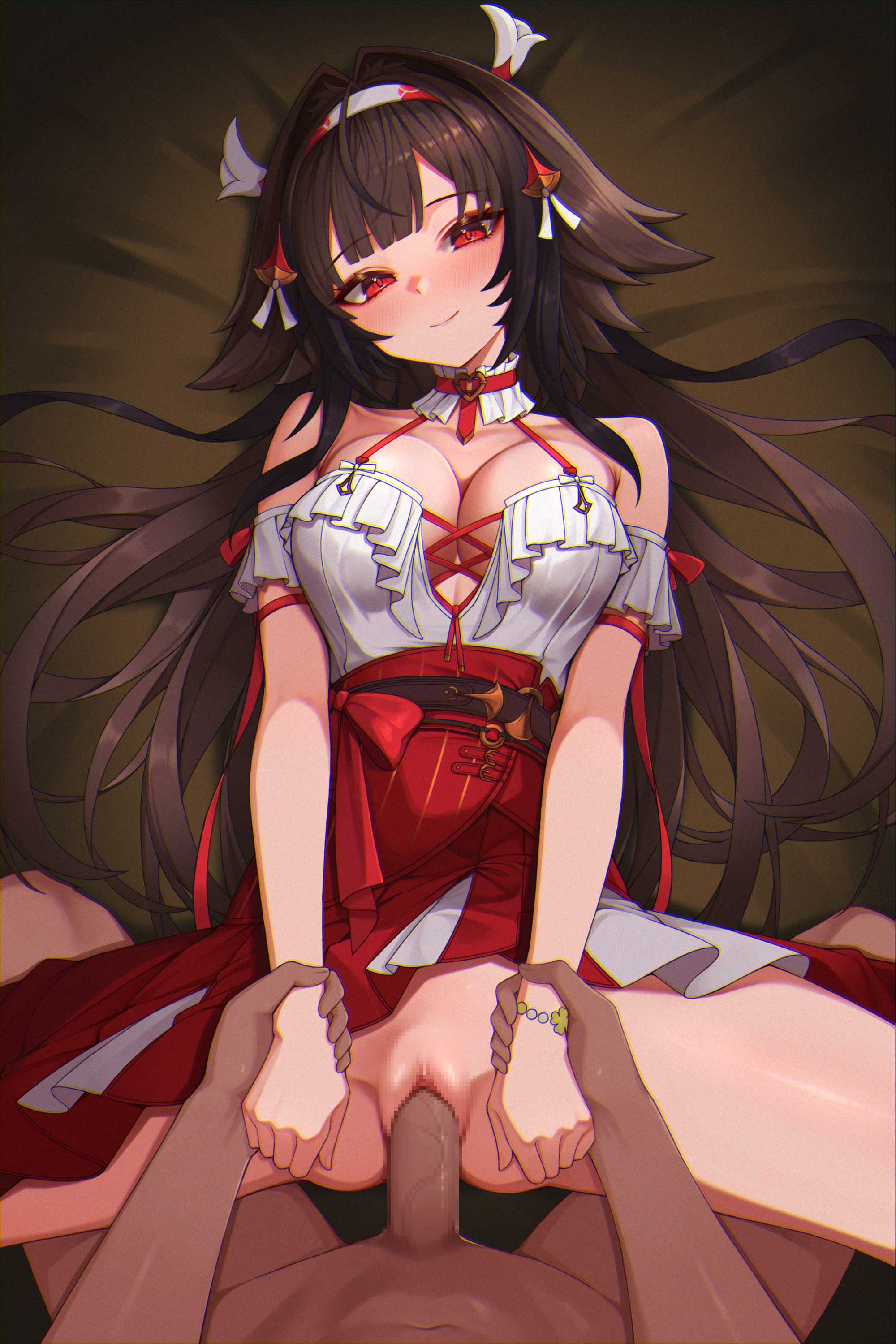 hank (gogaek), ye shunguang, zenless zone zero, absurdres, bilingual commentary, commentary, english commentary, highres, mixed-language commentary, paid reward available, 1boy, 1girl, animal ears, breasts, brown hair, censored, cleavage, erection, fox ears, fox girl, hairband, hetero, holding another's wrist, long hair, lying, missionary, mosaic censoring, multicolored hairband, on back, penis, red eyes, red skirt, sex, shirt, skirt, smile, two-tone hairband, vaginal, very long hair, white shirt