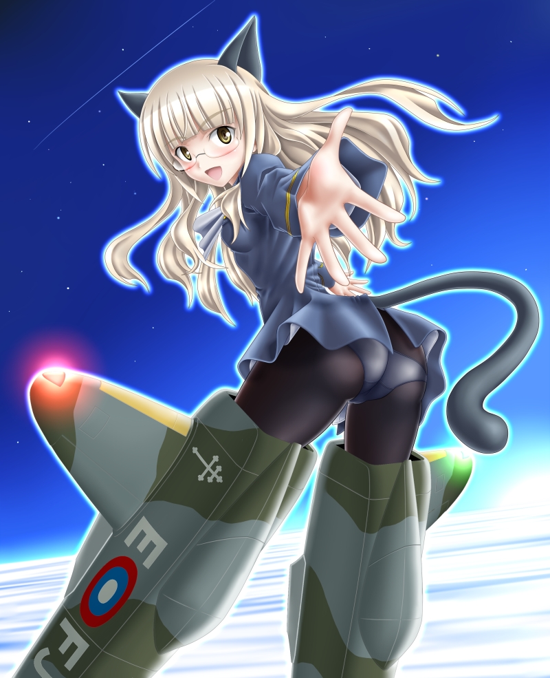 mushoku no hourousha, perrine h. clostermann, strike witches, world witches series, uniform, 00s, 1girl, animal ears, ass, blonde hair, blush, cat ears, cat tail, cloud, female focus, glasses, long hair, looking at viewer, night, open mouth, panties, panties under pantyhose, pantyhose, reaching, shooting star, sky, smile, solo, star (symbol), striker unit, tail, thighs, underwear, yellow eyes