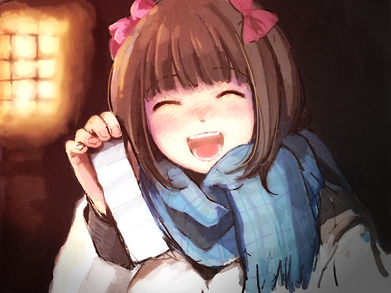 fortune (seelefs), nogoodlife, amami haruka, idolmaster, idolmaster (classic), 00s, 1girl, ^ ^, blush, brown hair, closed eyes, female focus, hair ribbon, happy, holding, omikuji, open mouth, ribbon, scarf, smile, solo