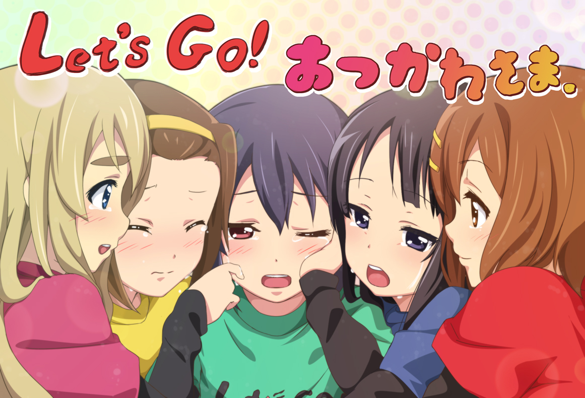 chobipero, akiyama mio, hirasawa yui, kotobuki tsumugi, nakano azusa, tainaka ritsu, k-on!, eyebrows, 00s, 5girls, black hair, blonde hair, blue eyes, brown eyes, brown hair, closed eyes, crying, hair ornament, hairband, hairclip, ho-kago tea time, let's go! (k-on!), long hair, multiple girls, open mouth, red eyes, short hair, smile, tears