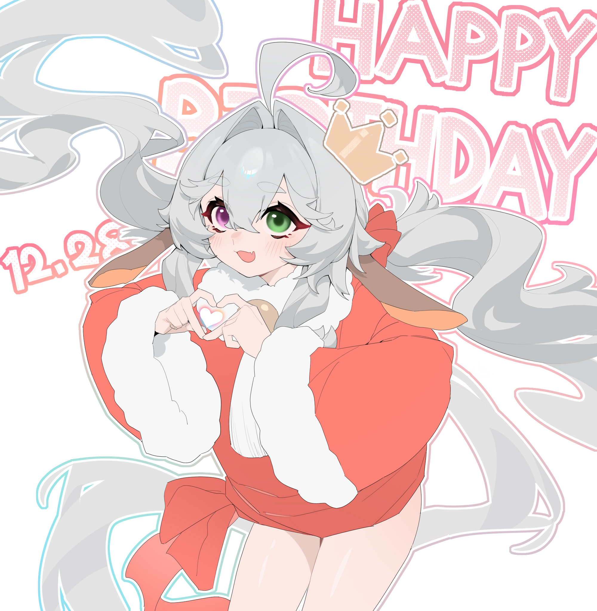 wohaimeiyou, original, chinese commentary, commentary request, highres, 1girl, animal ears, blush, cowboy shot, crown, dated, fang, four-finger heart hands, fur-trimmed jacket, fur trim, green eyes, grey hair, hair between eyes, hair ornament, hair scrunchie, happy birthday, heart, heart hands, heterochromia, jacket, long hair, long sleeves, open mouth, purple eyes, red jacket, scrunchie, simple background, skin fang, solo, thighs, twintails, white background, wide sleeves