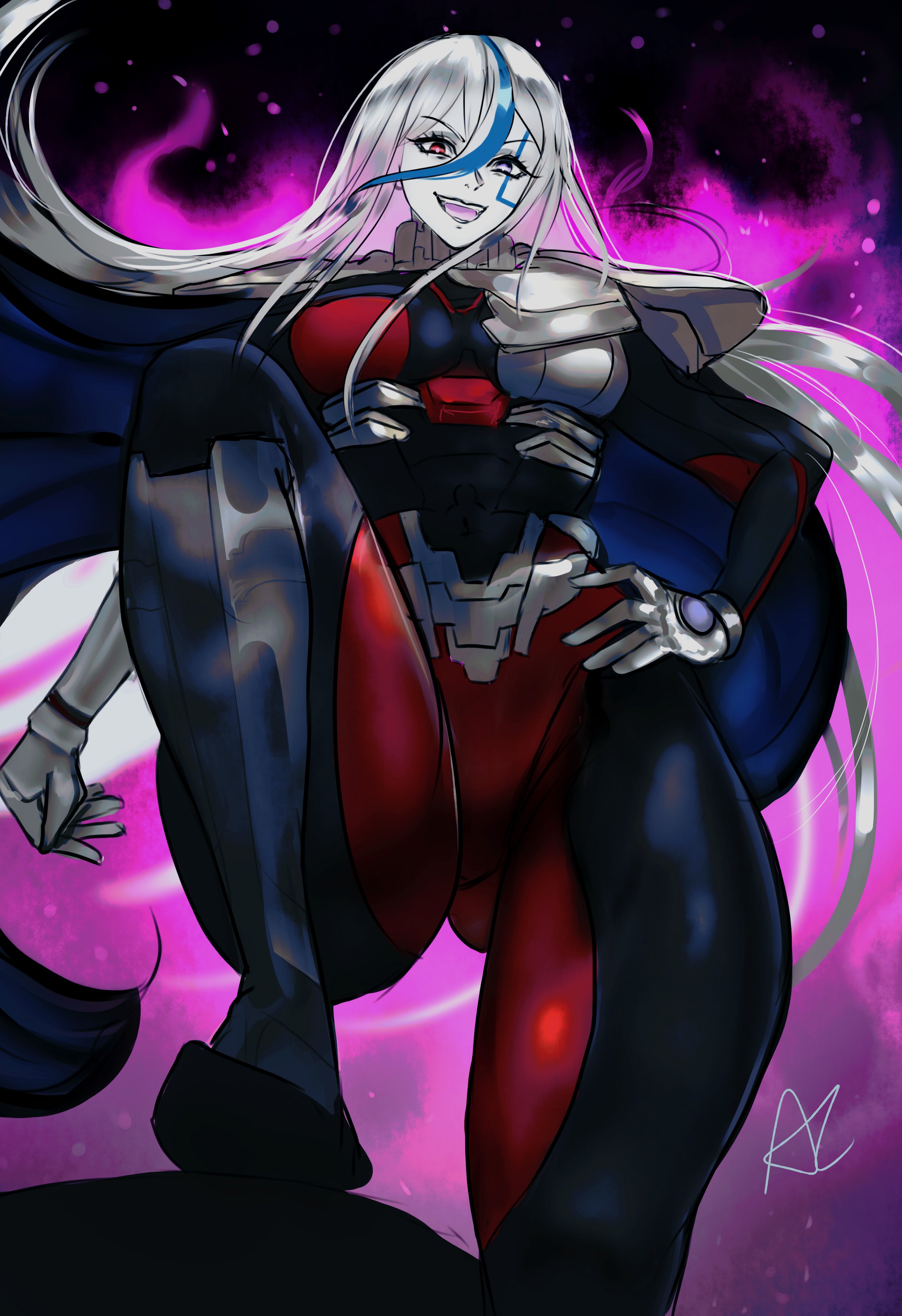 arialla draws, v'ehxness, the hundred line -last defense academy-, absurdres, commentary, english commentary, highres, 1girl, armor, black background, blue streaks, bodysuit, breasts, cape, facial mark, fire, gloves, gorget, hand on own hip, heterochromia, long hair, medium breasts, multicolored hair, open mouth, pink fire, pov stomped, purple eyes, red eyes, shoulder armor, signature, smile, solo, streaked hair, thighs, very long hair, white hair