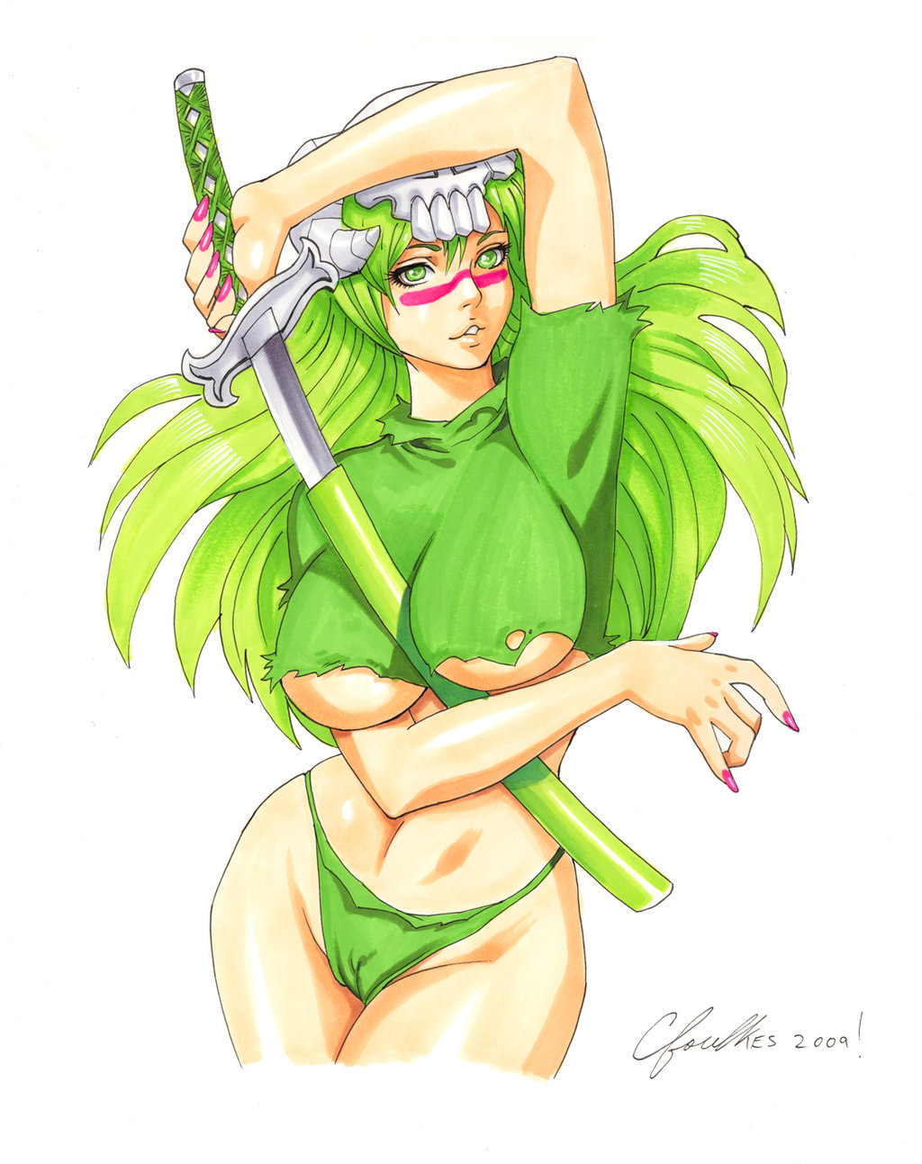 chris foulkes, daikkenaurora, nelliel tu odelschwanck, bleach, highres, 00s, arrancar, between breasts, breasts, cameltoe, green eyes, green hair, hollow (bleach), large breasts, long hair, midriff, navel, number tattoo, scar, solo, sword, tattoo, torn clothes, underboob, weapon