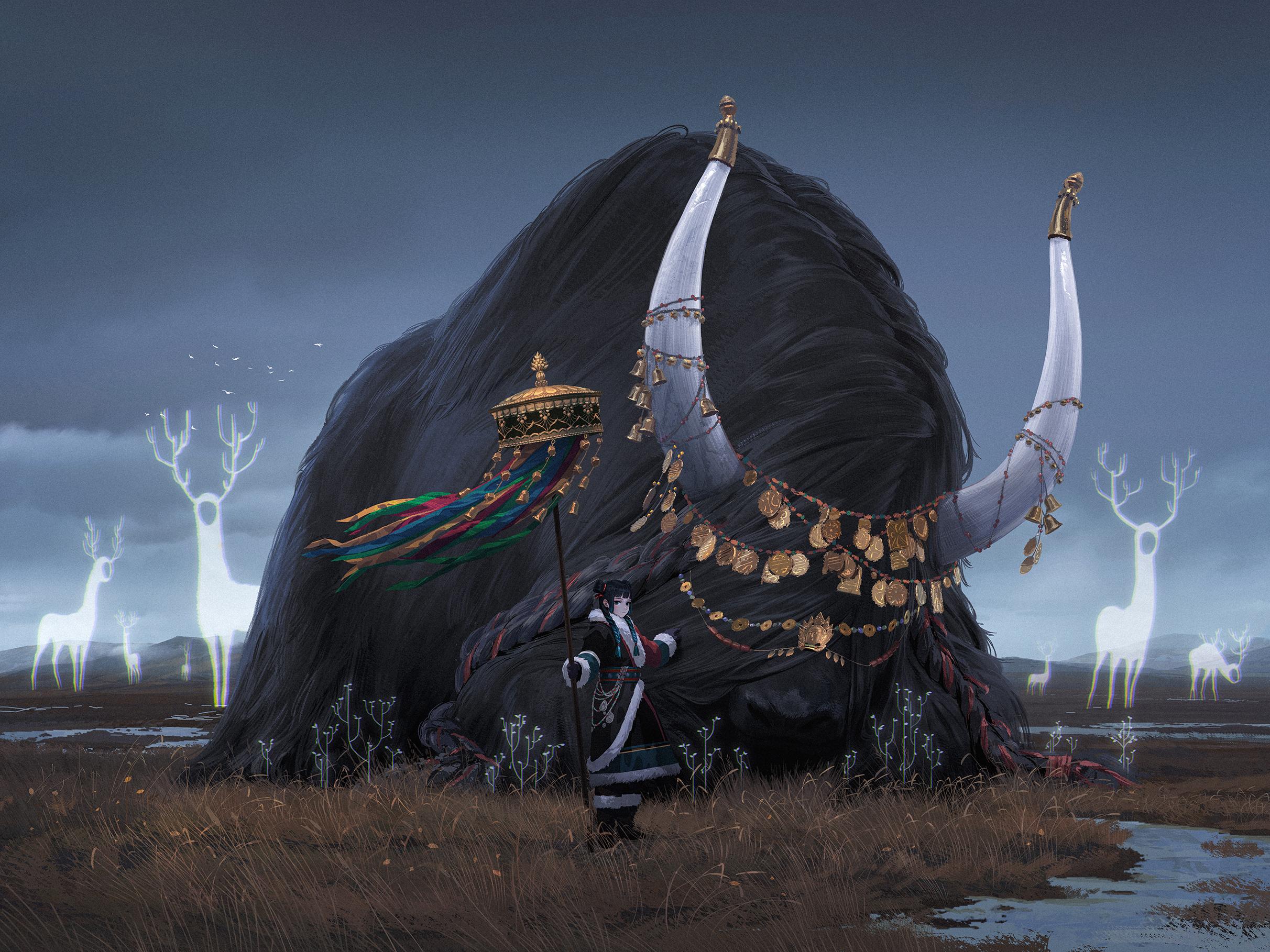 original, commentary, concept art, english commentary, highres, 1girl, animal, animal focus, bell, black coat, black hair, coat, creature, day, fangda, fantasy, full body, fur-trimmed coat, fur trim, grass, grey sky, holding, long hair, long sleeves, looking at viewer, meadow, outdoors, overcast, oversized animal, simple bird, sky, solo, standing, wide shot