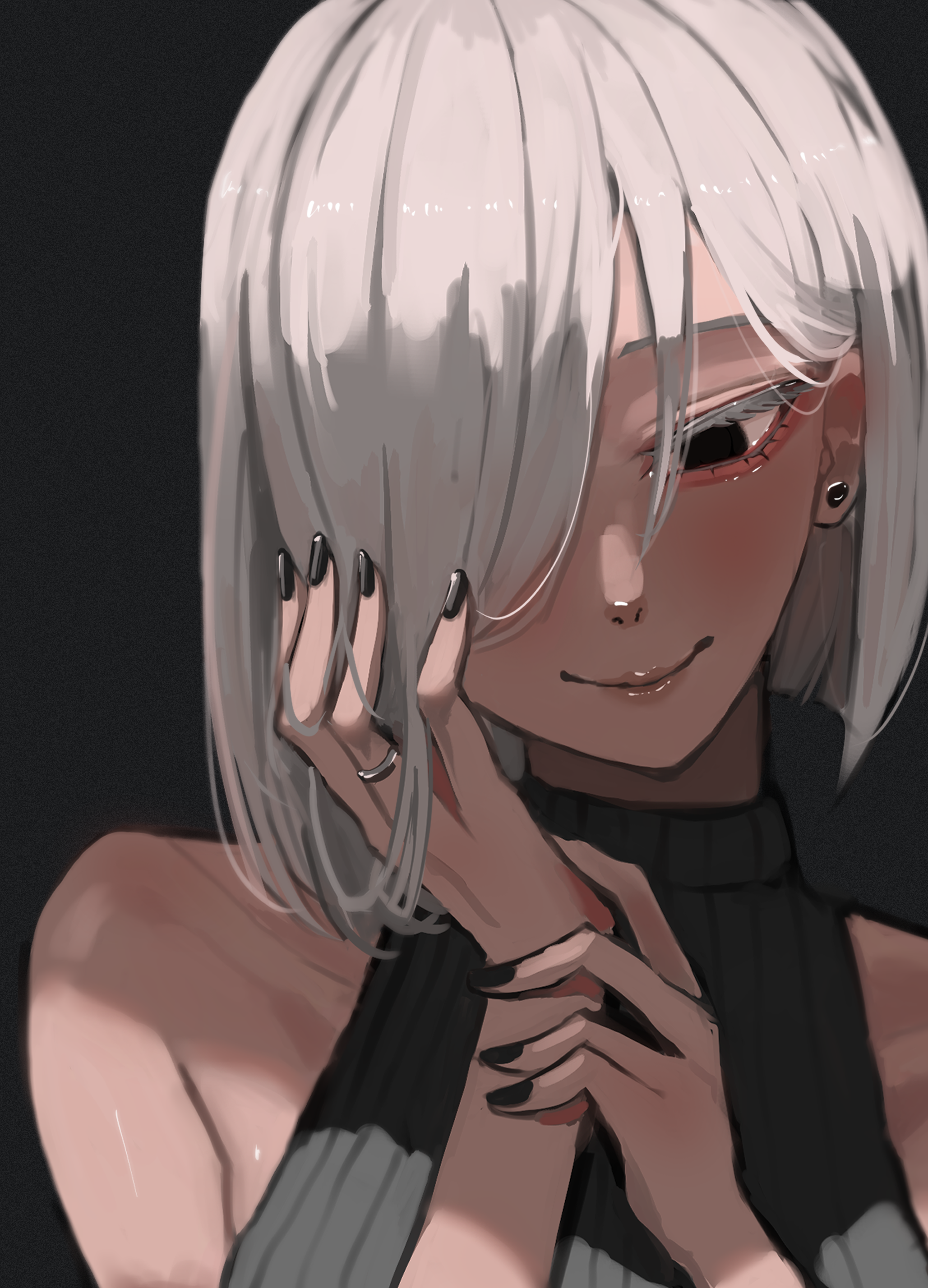 tomj, fiona frost, spy x family, absurdres, highres, 1girl, aegyo sal, alternate costume, bare shoulders, black background, black eyes, black nails, black sweater, blunt ends, bob cut, closed mouth, collarbone, earrings, eyelashes, hair over one eye, hand on own cheek, hand on own face, head tilt, jewelry, long bangs, nail polish, portrait, ribbed sweater, ring, short hair, sleeveless, sleeveless sweater, sleeveless turtleneck, smile, solo, stud earrings, sweater, turtleneck, turtleneck sweater, wedding ring, white background, white hair