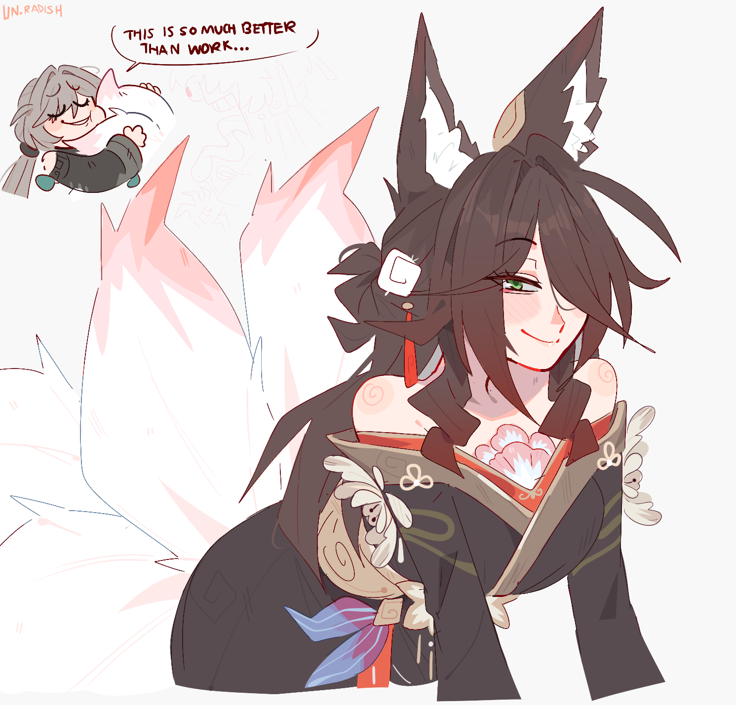 unfamousradish, fugue (honkai: star rail), qingque (honkai: star rail), tingyun (honkai: star rail), honkai: star rail, honkai (series), commentary, english commentary, highres, 2girls, animal ears, bare shoulders, black kimono, brown hair, chibi, chibi inset, fox ears, fox tail, green eyes, hair over one eye, japanese clothes, kimono, large tail, long hair, long sleeves, looking at viewer, multiple girls, multiple tails, off shoulder, smile, tail, upper body