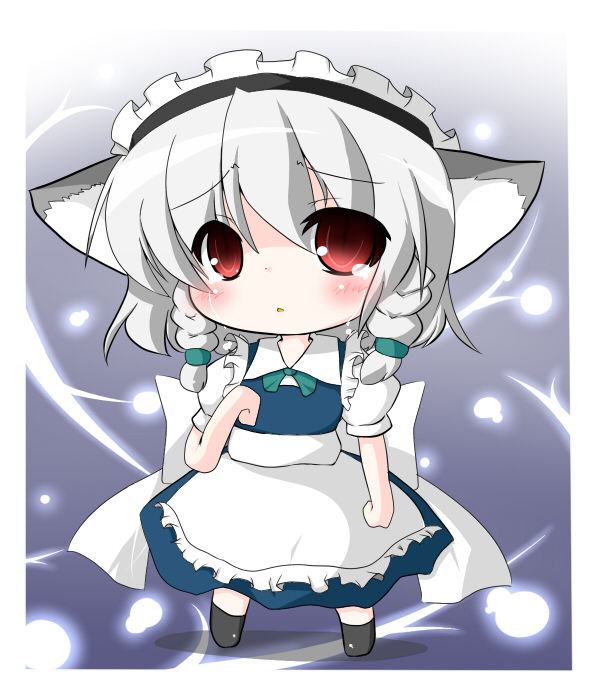 rensei, inu sakuya (nejikirio), izayoi sakuya, touhou, silver hair, artist request, bad id, bad pixiv id, 1girl, animal ears, blue eyes, braid, chibi, dog ears, female focus, flat chest, red eyes, short hair, solo, tears, twin braids