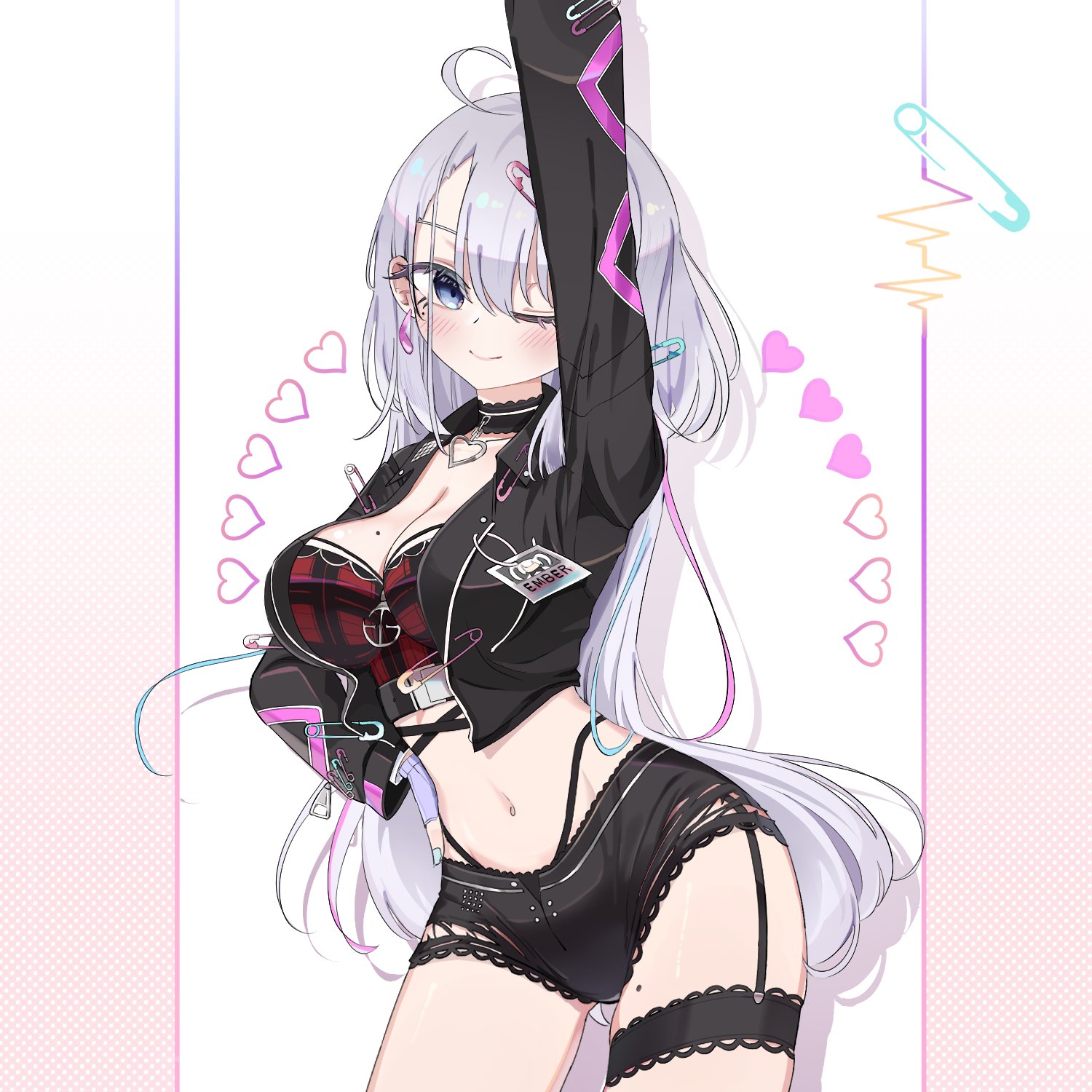 ember amane, phase connect, commentary request, highres, second-party source, 1girl, 3l3erry, arm up, black garter straps, black jacket, black shorts, blue eyes, blue hair, blue nails, bra, breasts, cleavage, closed mouth, earrings, eyelashes, fingerless gloves, garter straps, gloves, grey hair, hand on own hip, heart, jacket, jewelry, long hair, long sleeves, mole, mole on breast, mole on thigh, mole under eye, multicolored hair, navel, one eye closed, open clothes, open jacket, pink hair, plaid bra, plaid clothes, red bra, safety pin, short shorts, shorts, solo, stomach, streaked hair, thigh strap, underwear, virtual youtuber