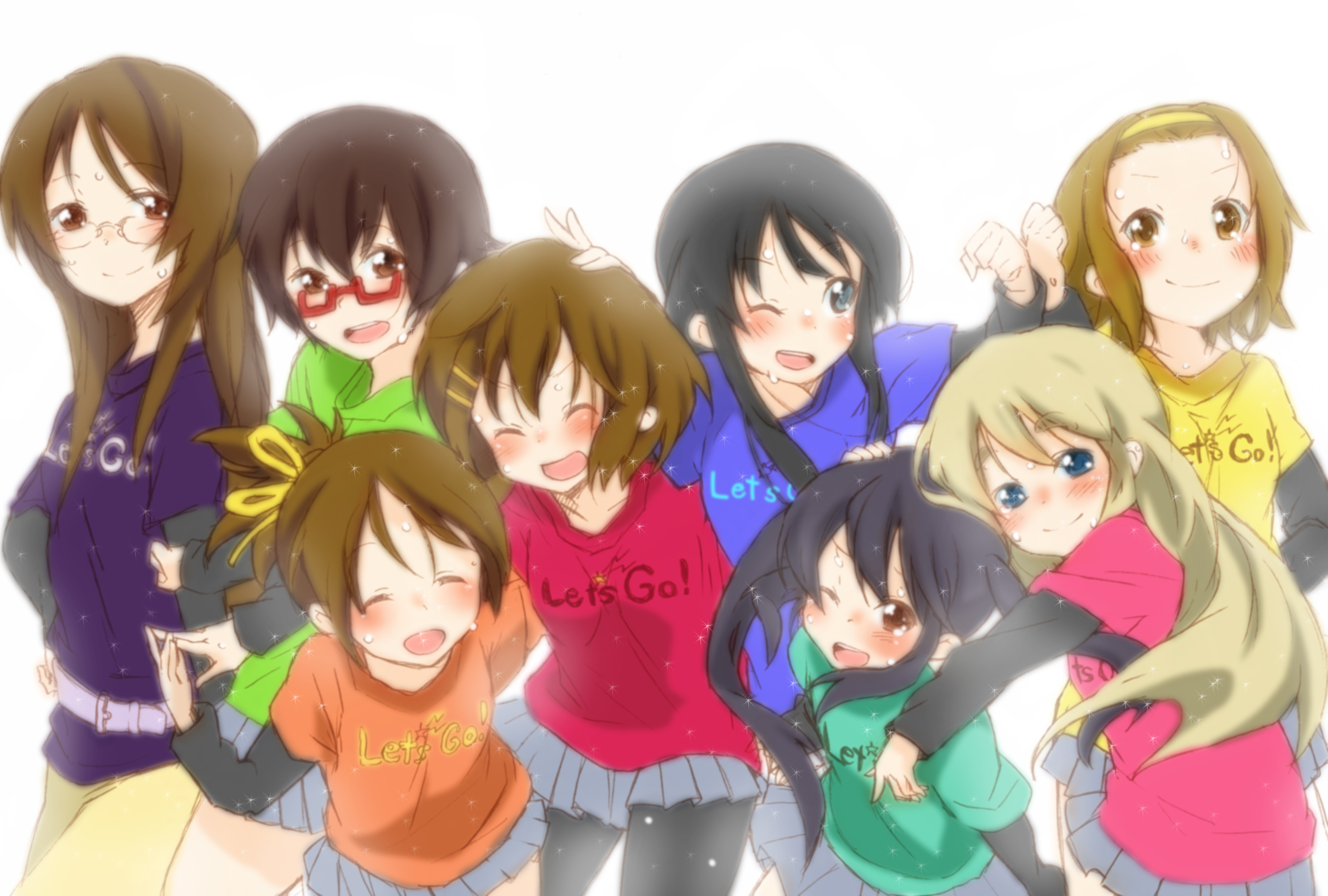 mitsuki meia, akiyama mio, hirasawa ui, hirasawa yui, kotobuki tsumugi, manabe nodoka, nakano azusa, tainaka ritsu, yamanaka sawako, k-on!, highres, 00s, 6+girls, black hair, blue eyes, brown eyes, brown hair, closed eyes, everyone, glasses, ho-kago tea time, let's go! (k-on!), long hair, multiple girls, one eye closed, pantyhose, red-framed eyewear, semi-rimless eyewear, shirt, short hair, sweat, t-shirt, under-rim eyewear, wink