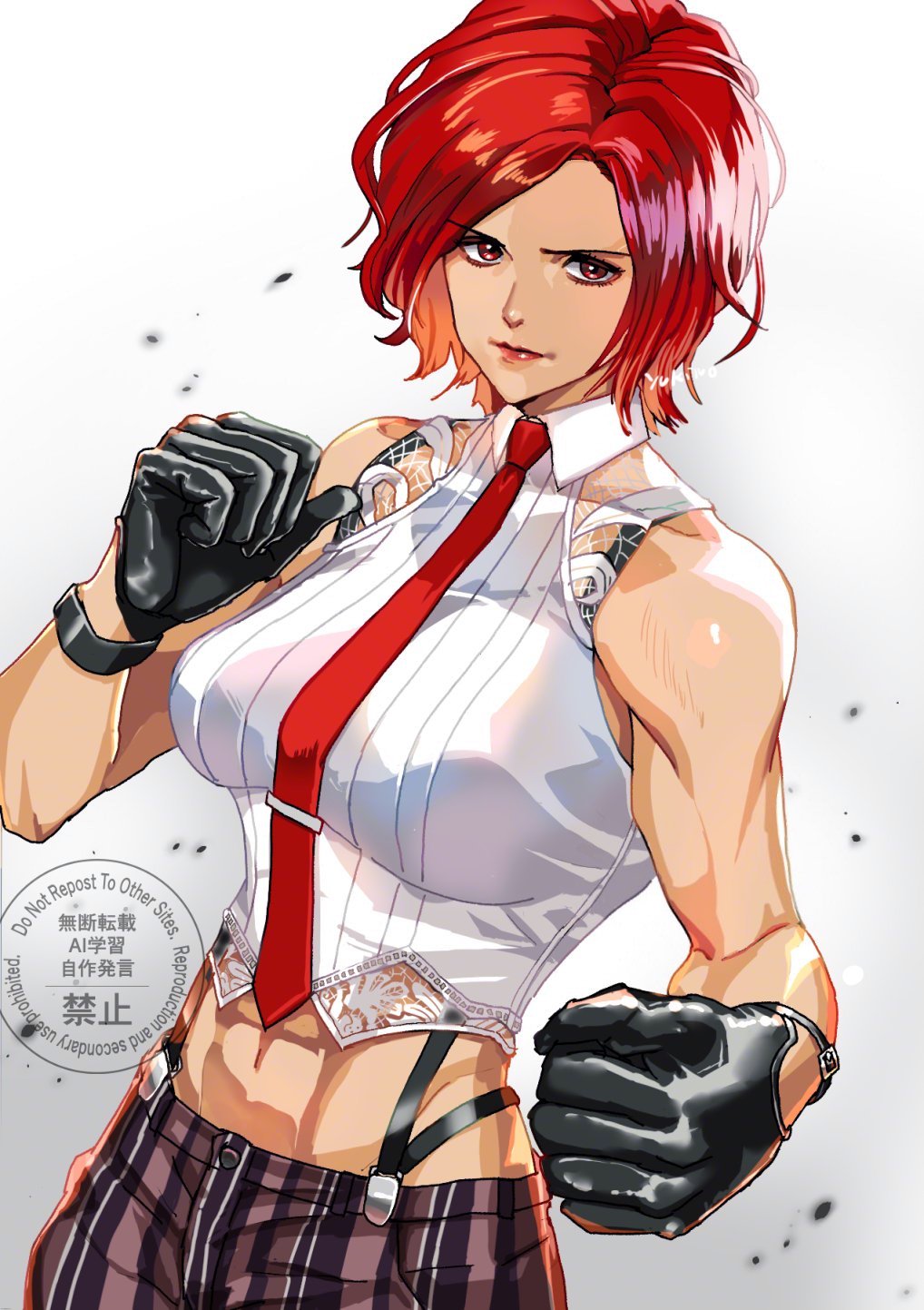 yukinoshin f, yukinoshinf, vanessa (kof), the king of fighters, 1girl, breasts, female focus, gloves, huge breasts, large breasts, looking at viewer, pale skin, red eyes, red hair, see-through clothes, see-through shirt, shirt, short hair, standing, thick thighs, thighs, white shirt