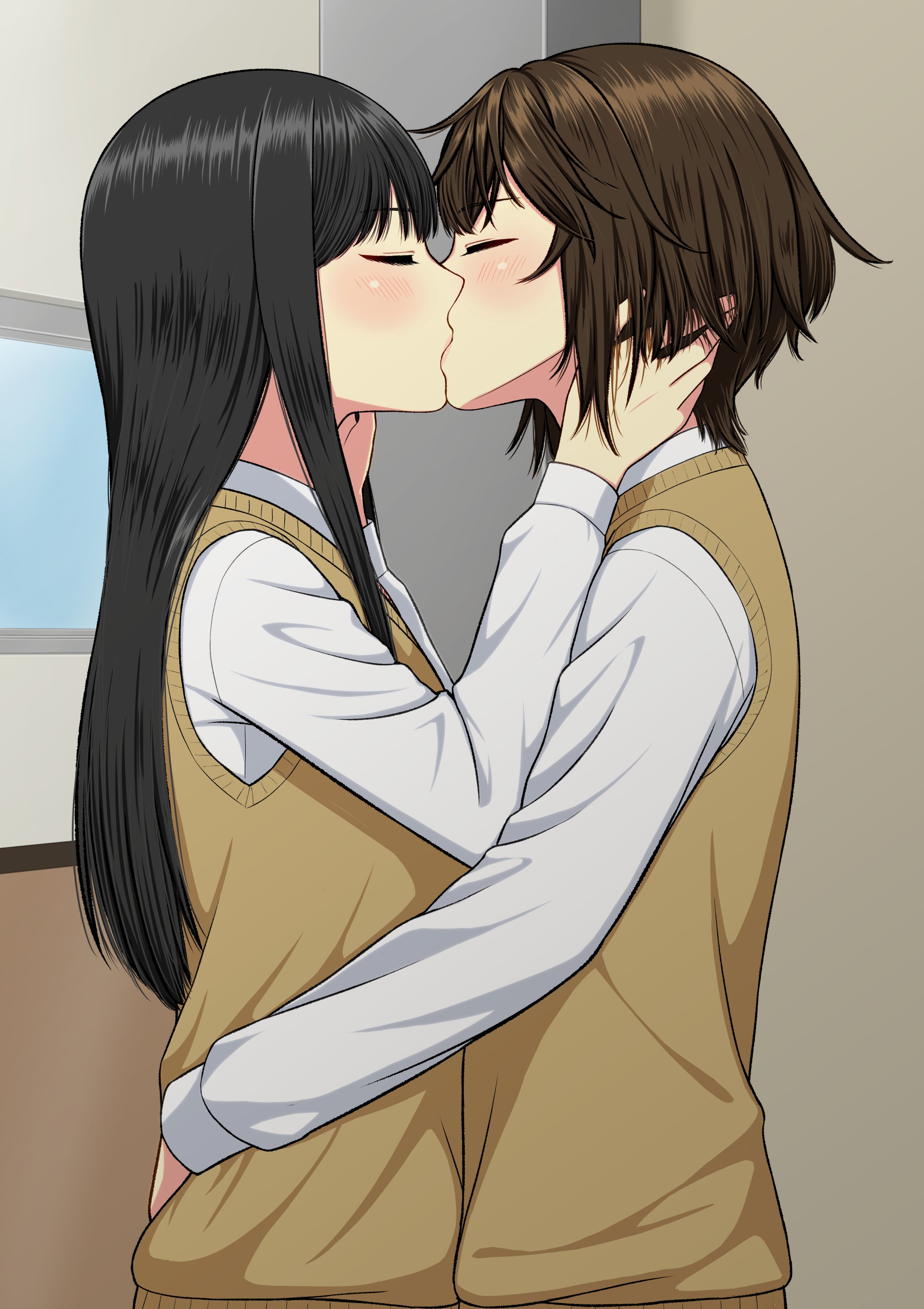 ryuusa, original, absurdres, commentary request, highres, 2girls, black hair, blush, brown hair, brown sweater vest, closed eyes, hand on another's waist, indoors, kiss, long hair, multiple girls, school uniform, shirt, sweater vest, white shirt, yuri