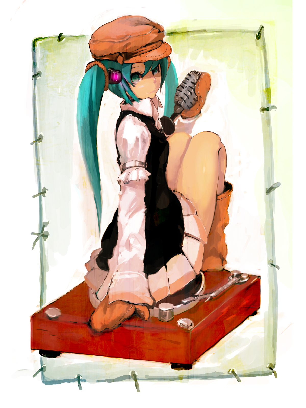 so-bin, hatsune miku, vocaloid, highres, 1girl, aqua eyes, aqua hair, boots, female focus, gloves, gradient background, hat, long hair, looking back, microphone, phonograph, skirt, smile, solo, twintails