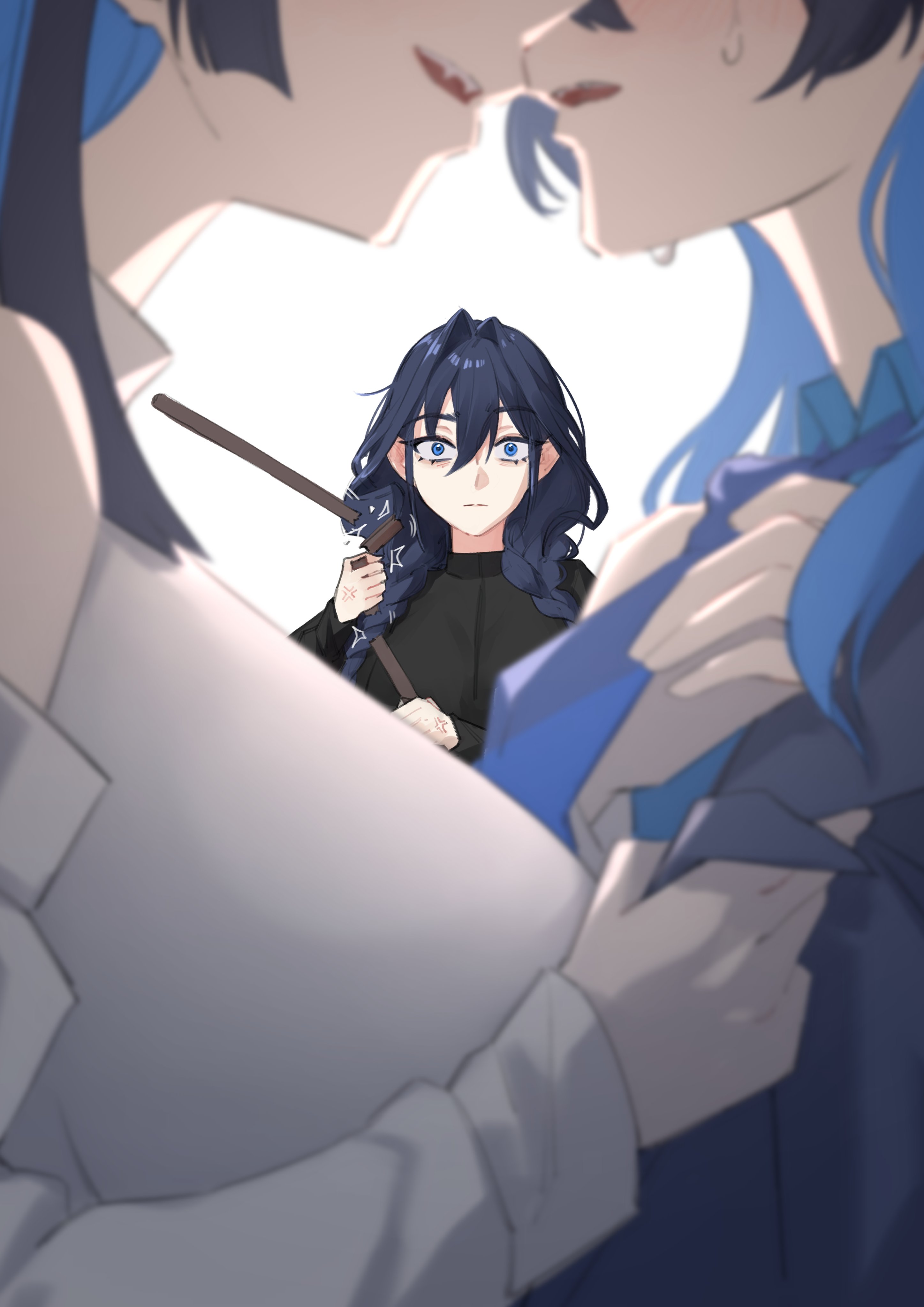 hunk 404, ouro kronii, ouro kronii (4th costume), ouro kronii (casual), ouro kronii (maid), hololive, hololive english, absurdres, commentary, highres, symbol-only commentary, 3girls, anger vein, black dress, blue eyes, blue hair, blue necktie, blue shirt, blush, braid, closed mouth, clothes grab, dress, hair intakes, imminent kiss, jealous, long hair, multiple girls, multiple persona, necktie, necktie grab, neckwear grab, parted lips, selfcest, shirt, simple background, sweat, twin braids, virtual youtuber, white background, white shirt, yuri