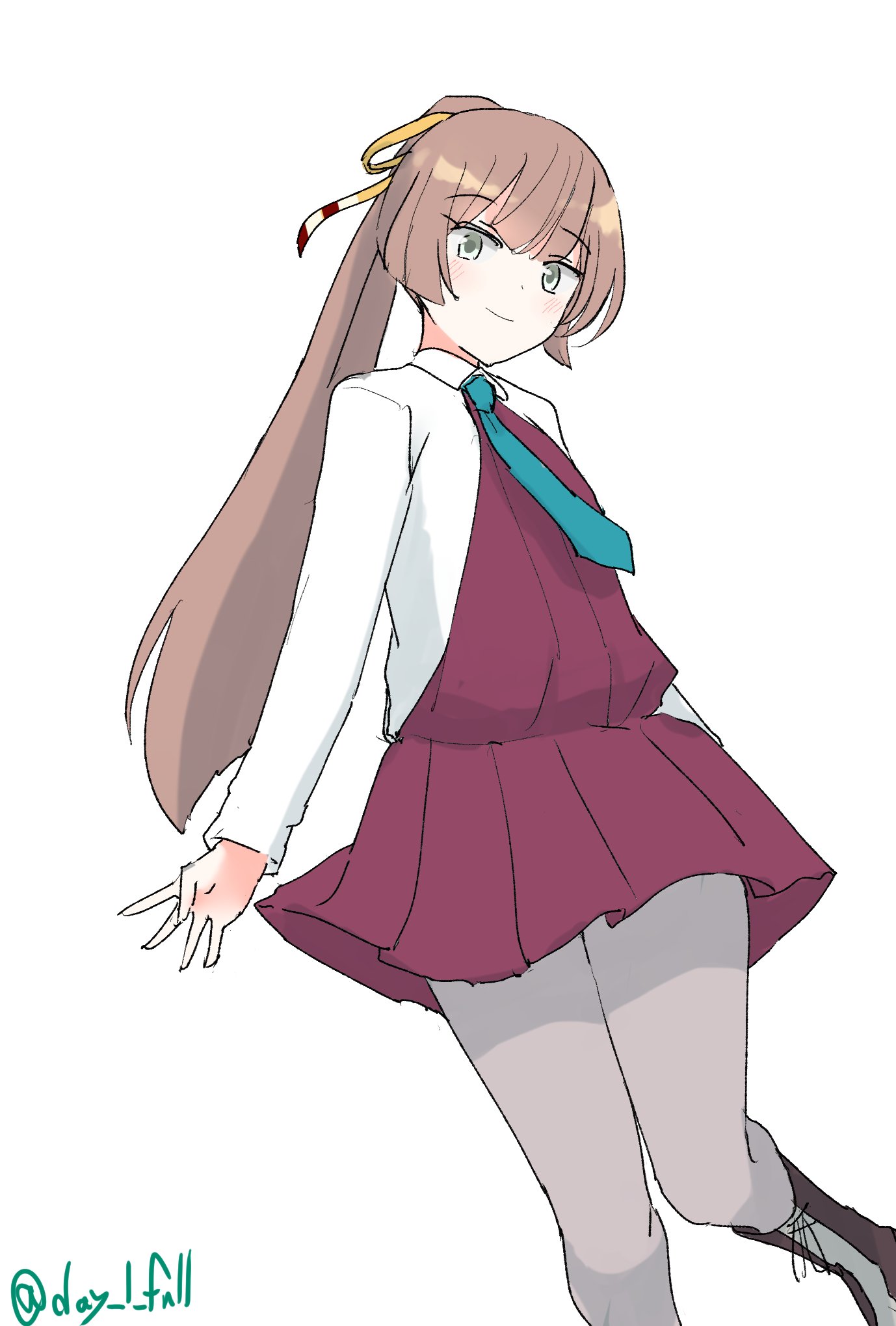 robinson (day l full), kazagumo (kancolle), kantai collection, highres, 1girl, aqua necktie, boots, brown hair, collared shirt, dress, dress shirt, feet out of frame, grey eyes, grey pantyhose, hair ribbon, lace-up boots, long hair, necktie, one-hour drawing challenge, pantyhose, pleated dress, ponytail, purple dress, ribbon, shirt, simple background, solo, white background, white shirt