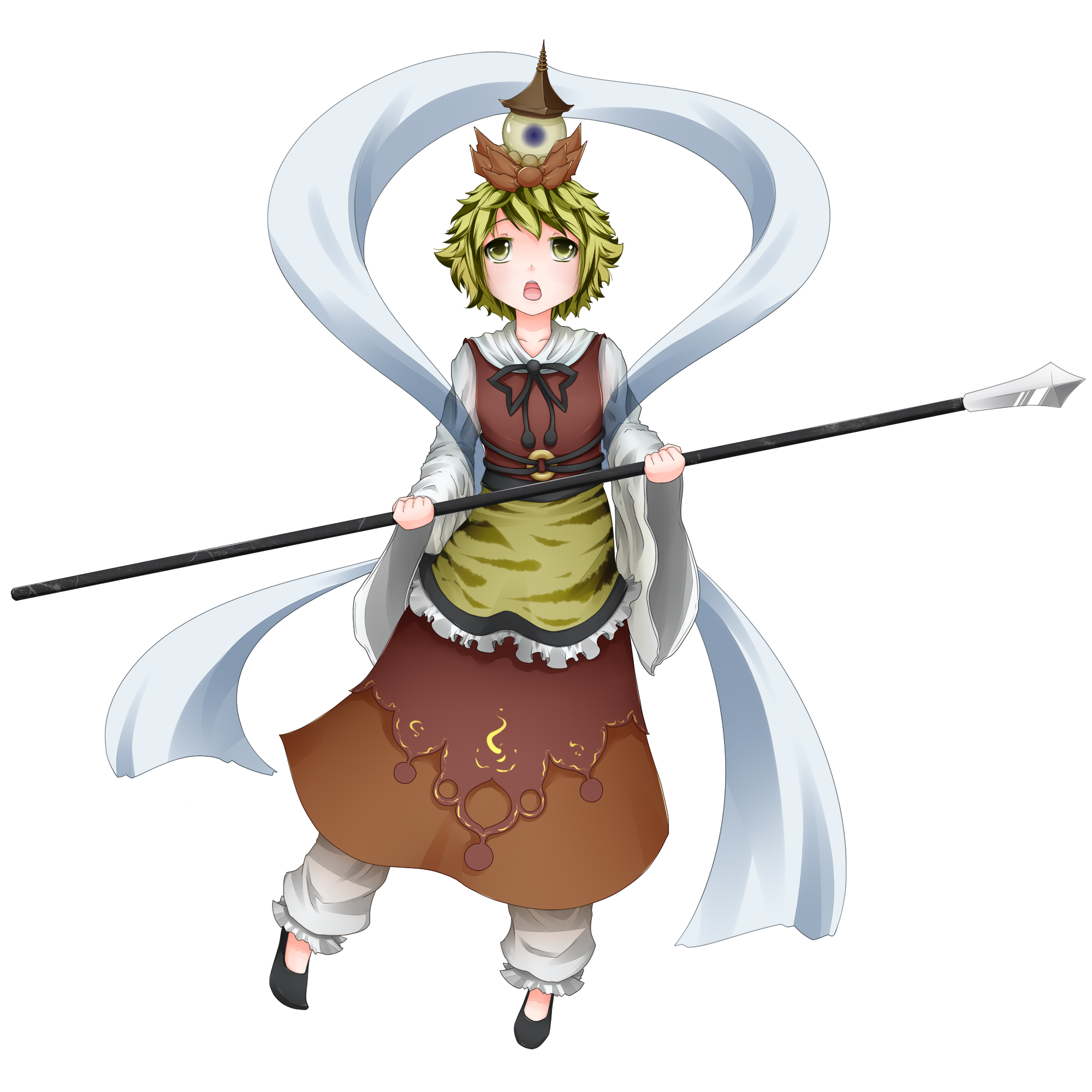 hullzion, toramaru shou, touhou, bad id, bad pixiv id, highres, 1girl, bishamonten's pagoda, blonde hair, female focus, full body, hair ornament, looking up, polearm, shawl, short hair, solo, spear, standing, transparent background, weapon, yellow eyes