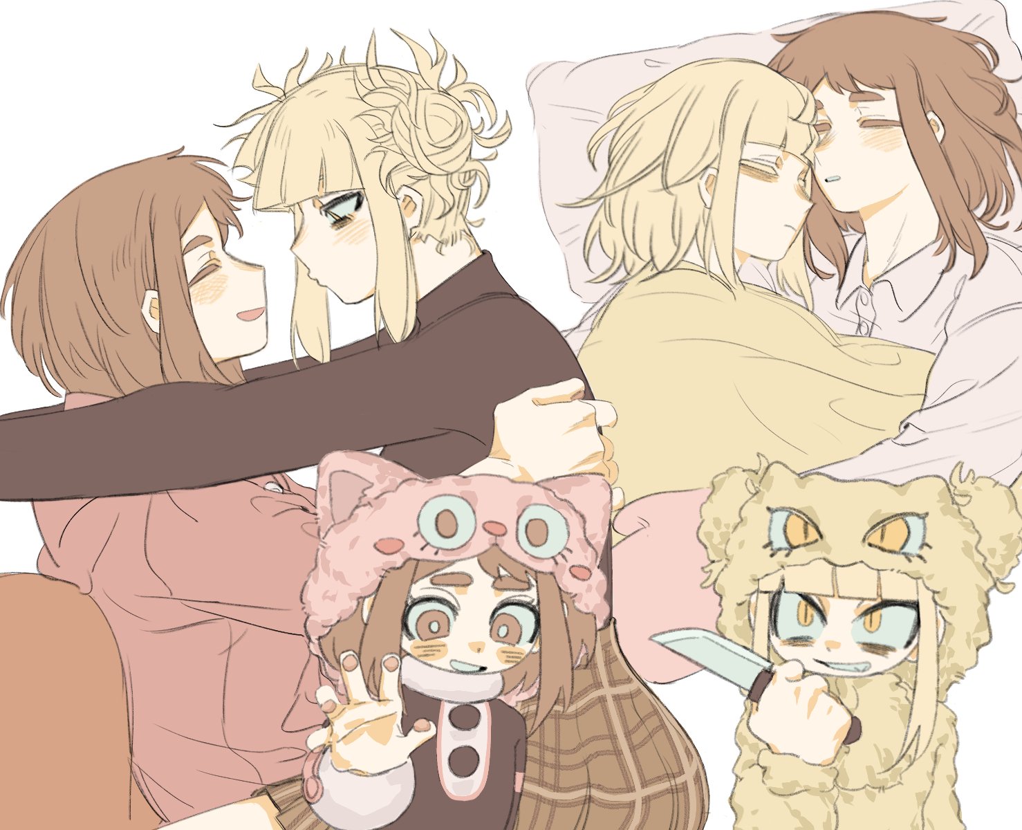 toga himiko, uraraka ochako, boku no hero academia, commentary request, highres, 2girls, black shirt, blonde hair, brown eyes, brown hair, brown skirt, closed eyes, closed mouth, cuddling, double bun, feikefen, hair bun, holding, holding knife, hood, hoodie, knife, multiple girls, pink hoodie, plaid clothes, plaid skirt, shirt, skirt, sleeping, thick eyebrows, yellow eyes, yellow shirt, yuri